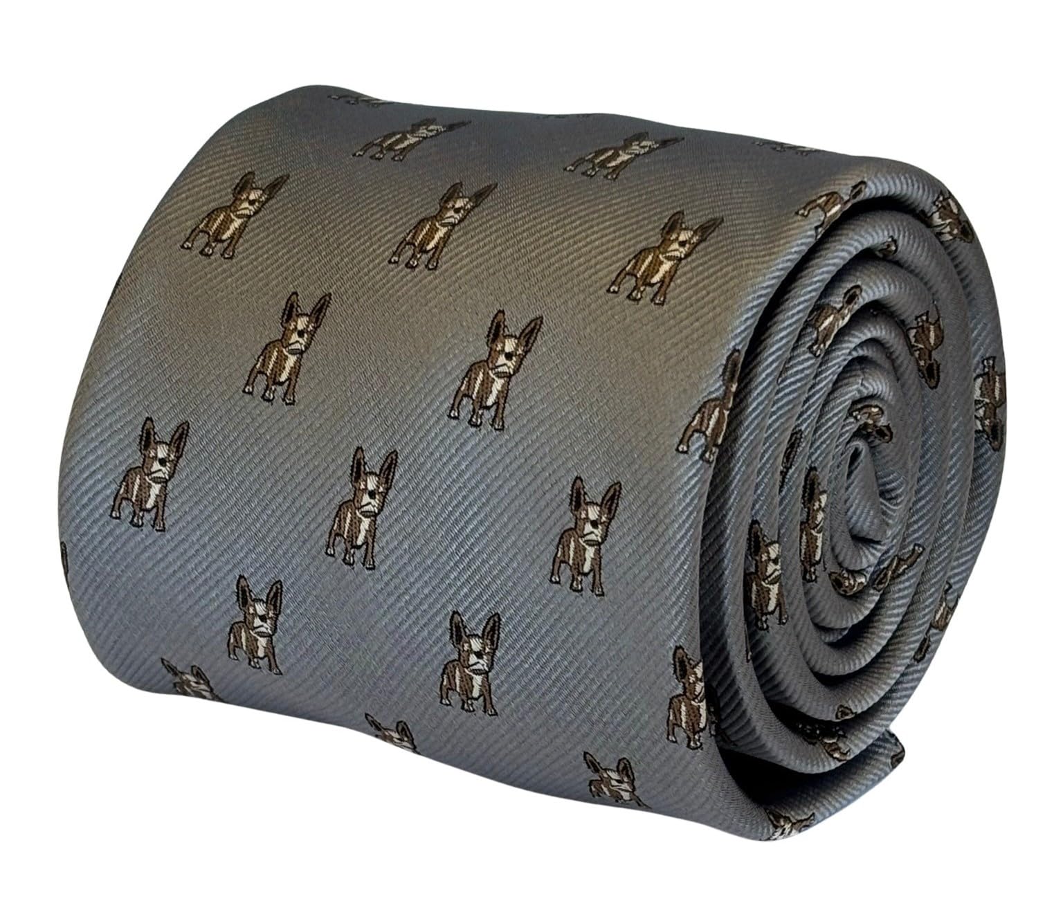 Frederick Thomas Necktie, French Bulldog Animal Print Design, Silver Grey, 8.5 cm Width