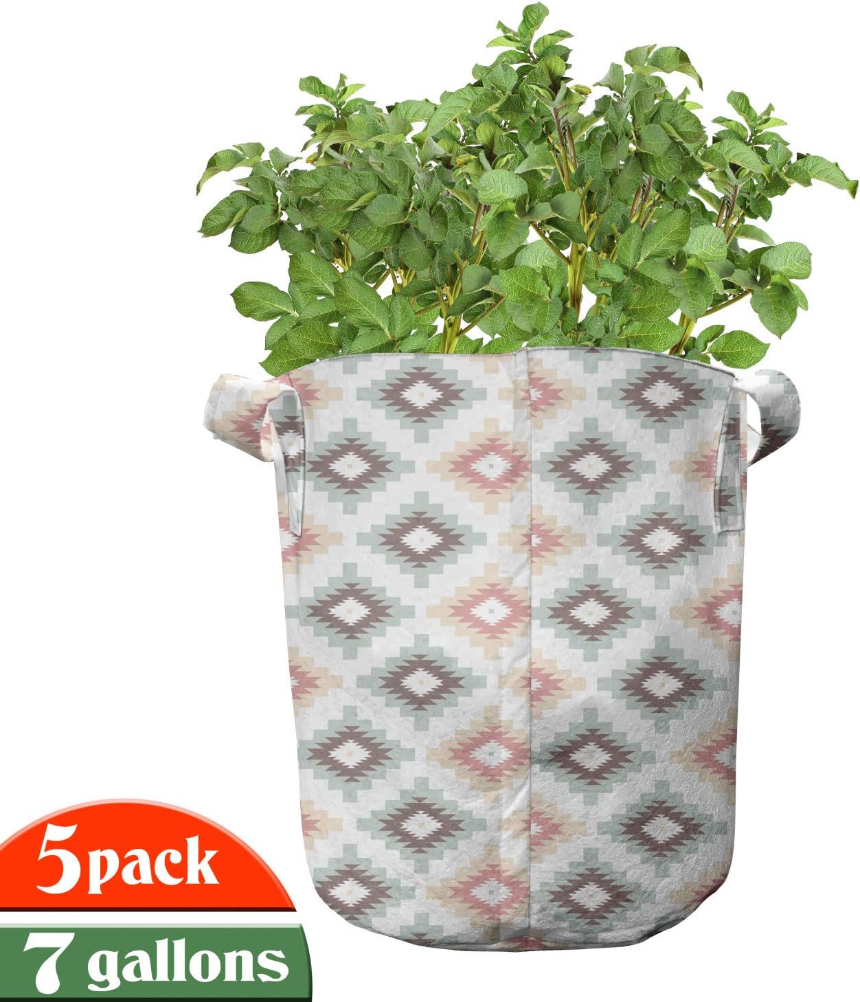 Lunarable Tribal Grow Bags 5-Pack, Pastel Geometrical, Heavyduty Fabric Pots with Handles for Plants, 7 Gallon, Multicolor