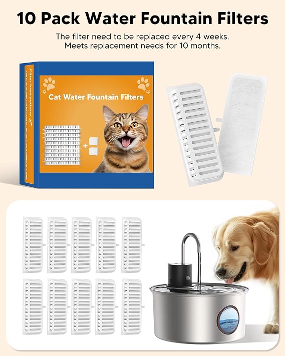 Cat Water Fountain Filters, Replacement Filters for 108oz/3.2L Cat Fountain,10 Packs Filters & 2 Sponges Set for Stainless Steel Pet Water Fountain
