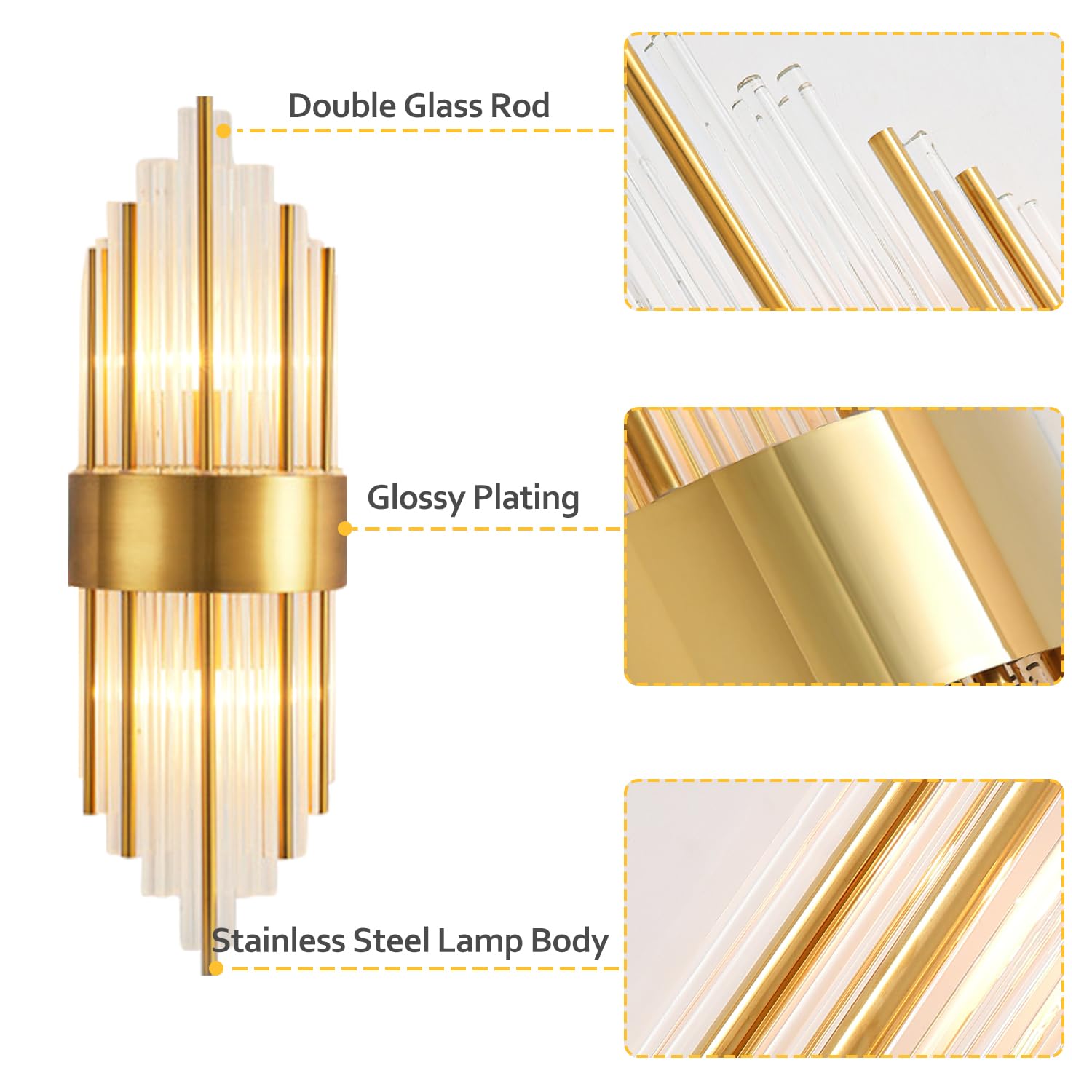 Lampada a Muro Design Tubo di Vetro, Applique Oro Vetro E14, Lampada Vintage, Applique da Parete Interno Moderno Classico per Camera da Letto Comodino