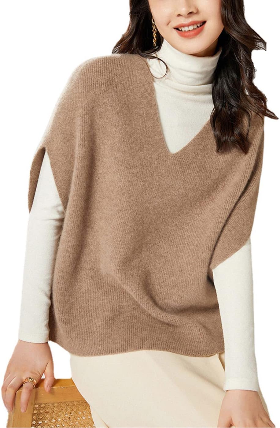 Women's Sweaters Vest 100% Pure Original Wool Fashion V Neck Sweater Shawl Vest Loose Fitting (Brown,Medium)