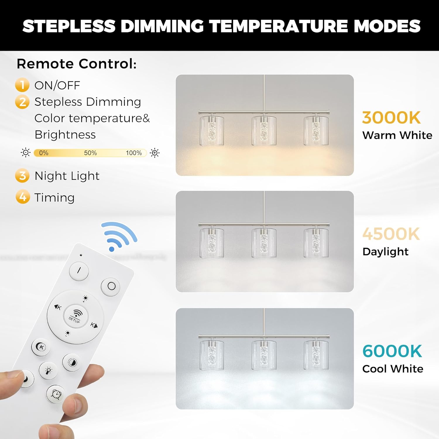 DORESshop 3-Light Chandelier for Dining Room Light Fixture Over Table, 31.3" Modern Brushed Nickel Chandelier with Glass Shades, Adjustable Hanging Pendant Lights Kitchen Island with Remote, 3CCT