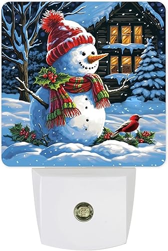 Muñeco de nieve con luces nocturnas de Feliz Navidad, lindo muñeco de nieve rojo con pájaro de granja enchufable lámpara de noche LED con sensor
