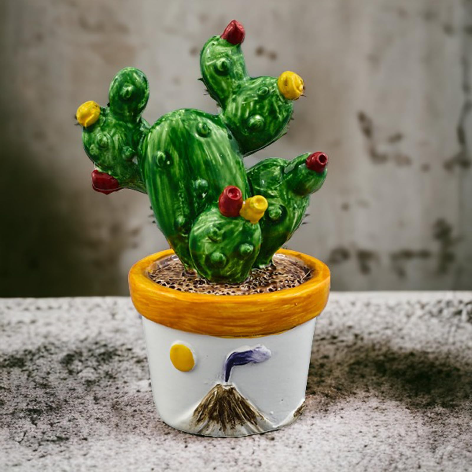 Doni Bomboniere Matrimonio 12PZ Piantina di Cactus in Ceramica Segnaposto Calamita Simboli Sicilia Nozze Feste A Tema Vulcano con Fiori Gialli E Rossi Vaso CN Raffigurazione Sole Idee Regalo Complete