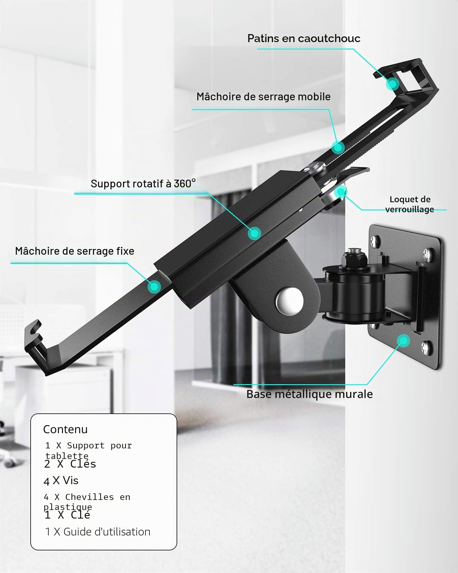 AboveTEK Support Mural pour Tablette - Verrouillage Antivol et Clé - Compatible avec iPad, Galaxy Tab, Slate, Fire et Plus - Modes Portrait et Paysage