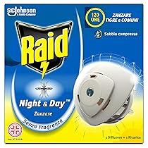 Raid Night & Day Base con Ricarica, Antizanzare e Repellente Zanzare Inodore a Sabbia Compressa, Contiene 1 Diffusore e 1 Ricarica, Senza Profumo