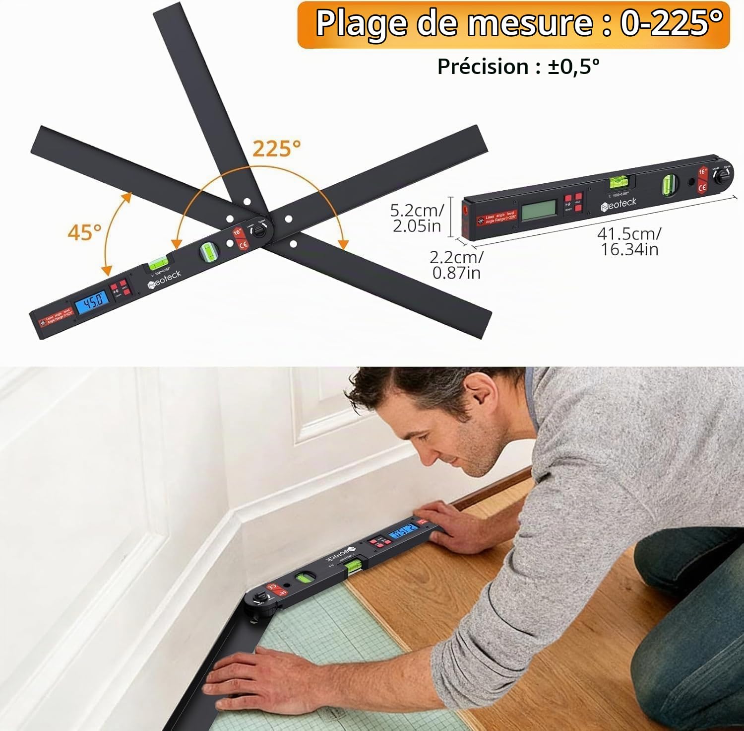 Neoteck Rapporteur d’Angle Laser 225° – Outil de Mesure d’Angle Numérique Précision ±0,5°, Règle d’Angle Aluminium avec Laser de Guidage, HOLD & Verrouillage, Bricolage, Menuiserie, Chantier - Noir