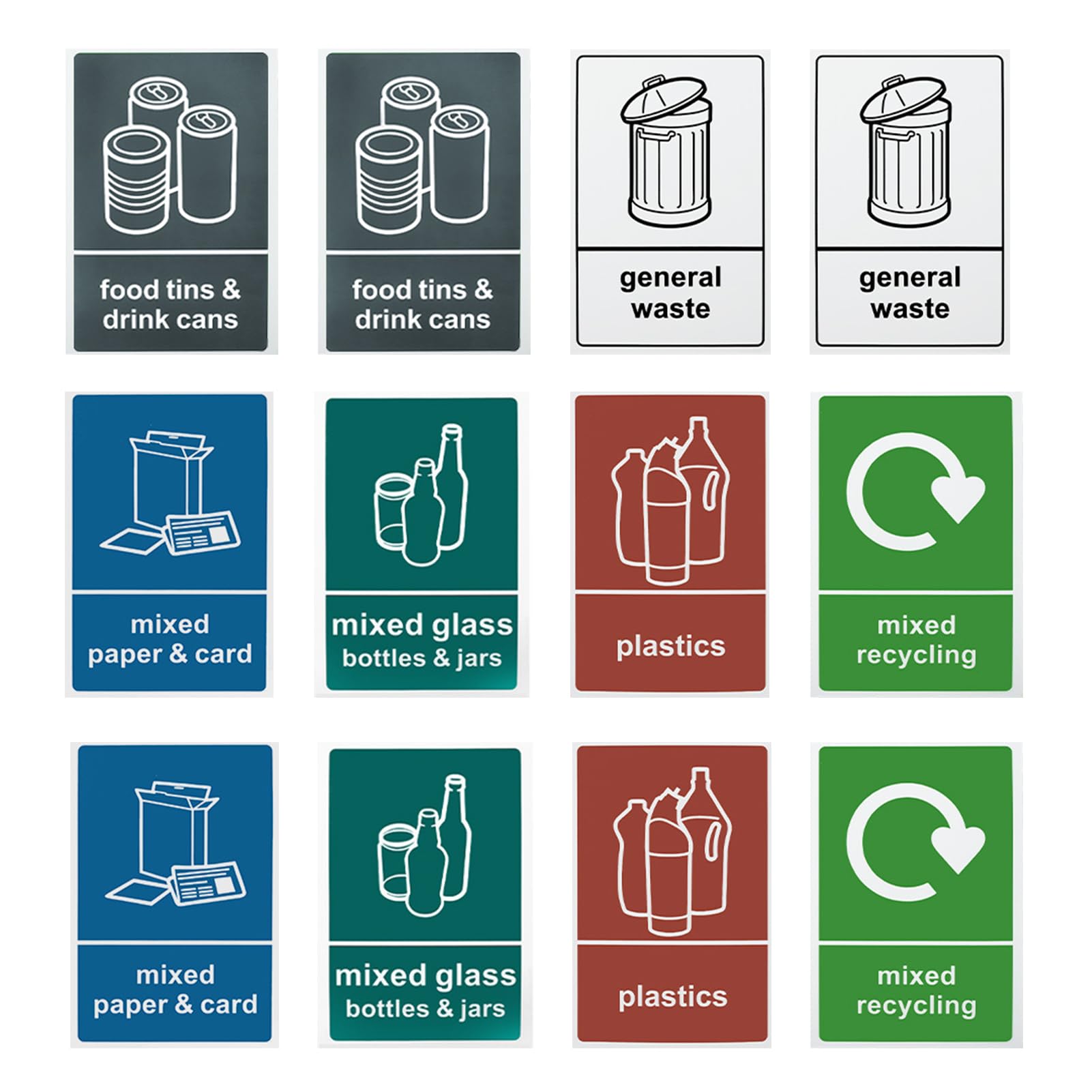 Recycling Stickers for Bins 12 Pack 100mm x 150mm Bin Stickers, 6 Designs