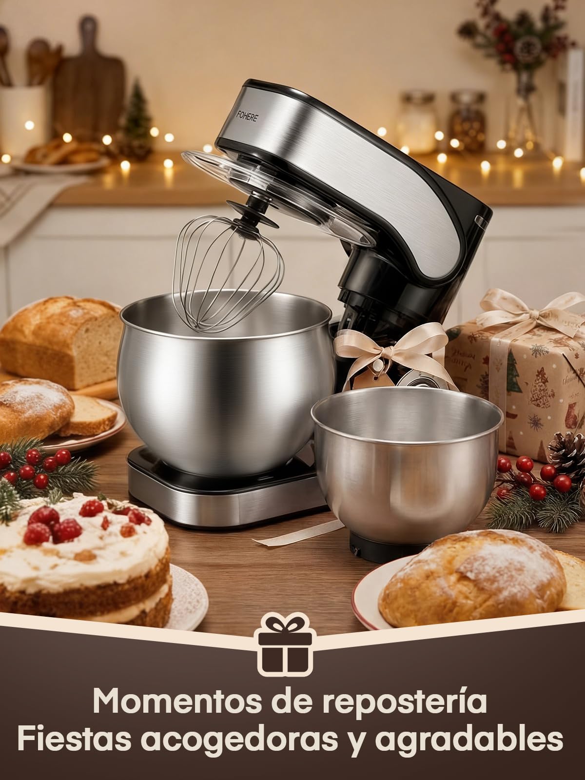 Batidora Amasadora con 5L + 3L Doble Bol de Acero Inoxidable | Gancho de Amasar Reforzado,Amasadora de Pan Amasadora Repostería 1300W, Pizza, Bollos y Repostería Casera