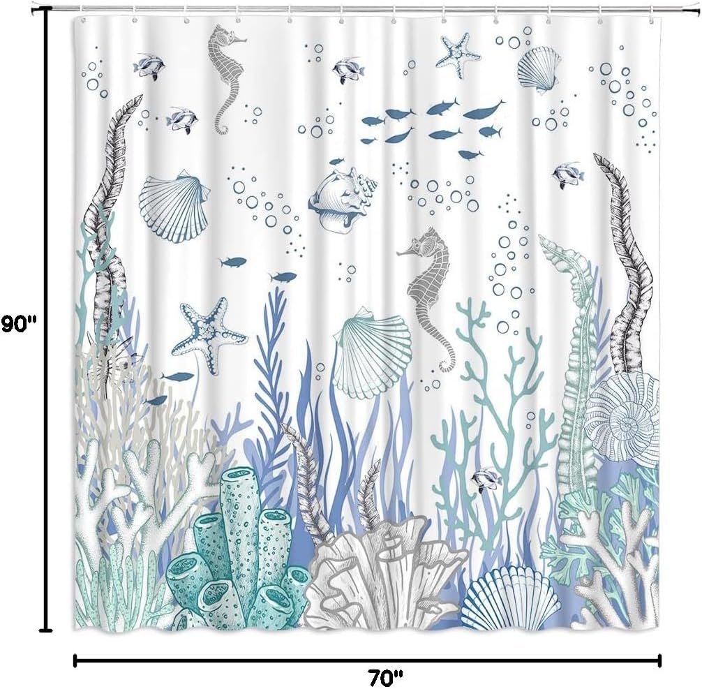 Nautical Coastal Shower Curtain Coral Seashell Beach Ocean Themed Bathroom Curtain Starfish Seahorse Pattern Home Bathroom Polyester Fabric Decor Curtains Set with Hooks 90Wx70H inch