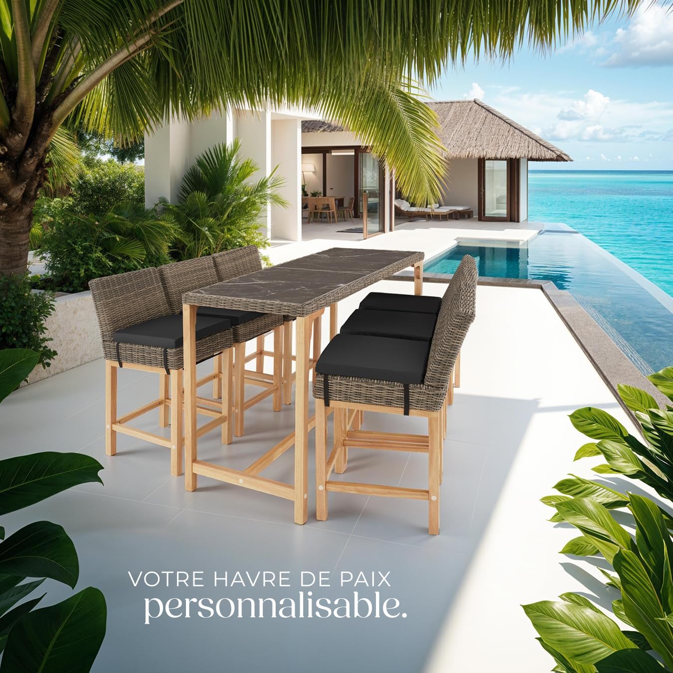 tectake® Ensemble de Bar Extérieur en Poly Rotin 6 Places - Table et Chaises de Jardin avec Coussins Inclus - Mobilier pour Aménagement Balcon