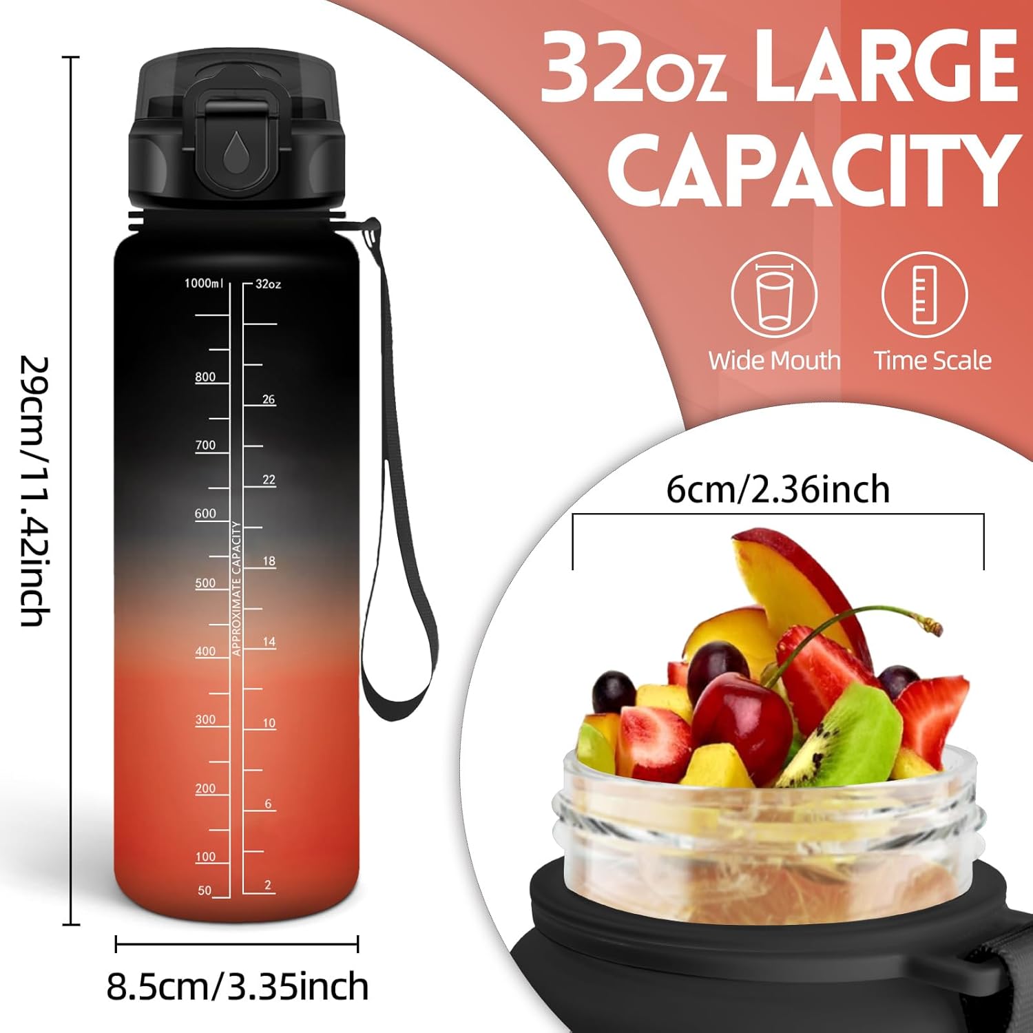 Drinking Bottle 1 Litre, Drinking Bottle with Straw, Gym Water Bottle with Time Marking, Drinking Bottle for Carbonated Drinks, Can Be Carried, for Yoga, Camping, Hiking, Black/Red