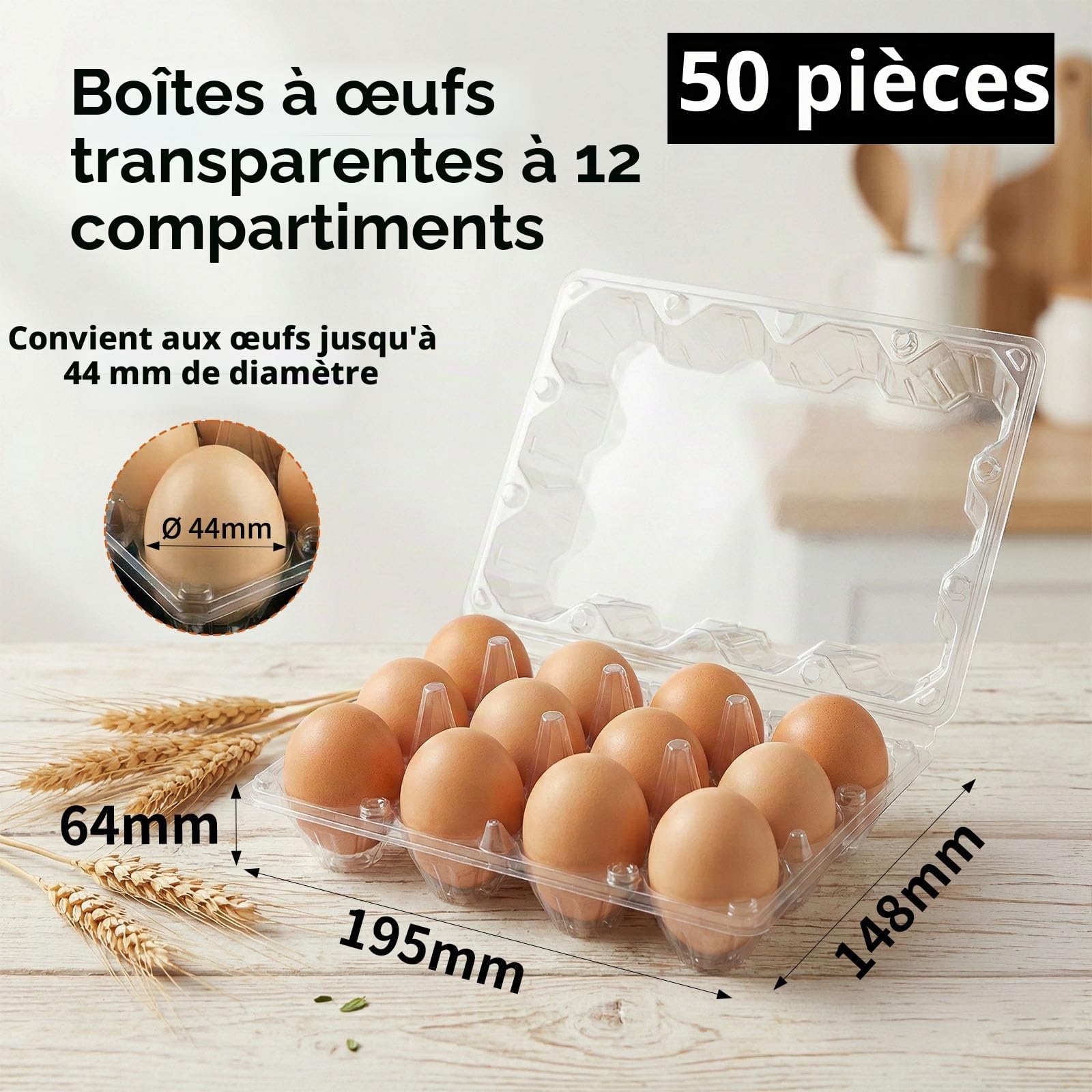Lot de 50 Boite a Oeufs en Plastique Transparent (12 Alvéoles) - Boite à Oeufs Réutilisable pour Stockage Frigo, Ferme et Marché - Emballage Boite Oeuf Solide avec Fermeture Sécurisée