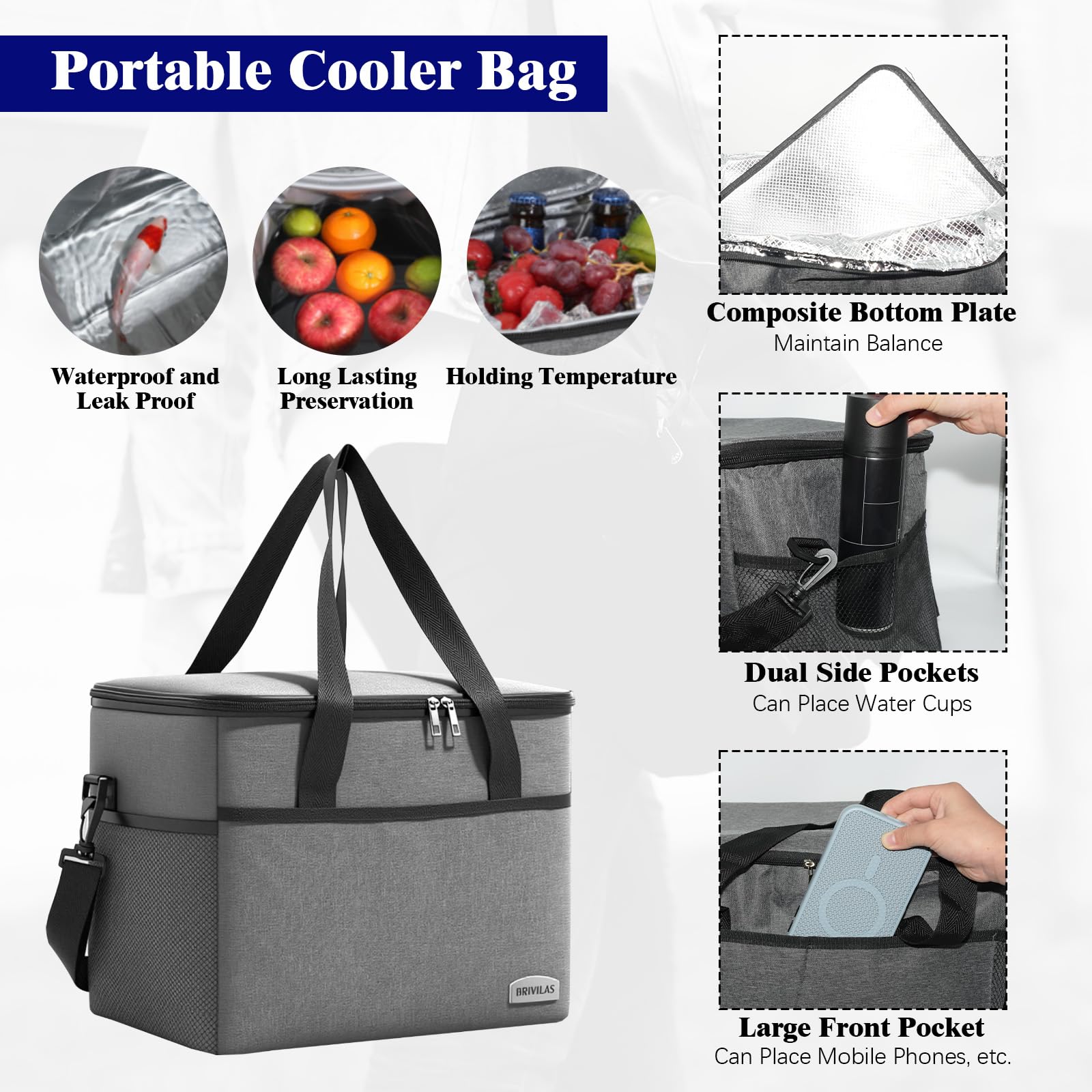 Borsa Frigo Termica 22L Pieghevole 33x25x27cm Grigio per Mare Spiaggia Campeggio