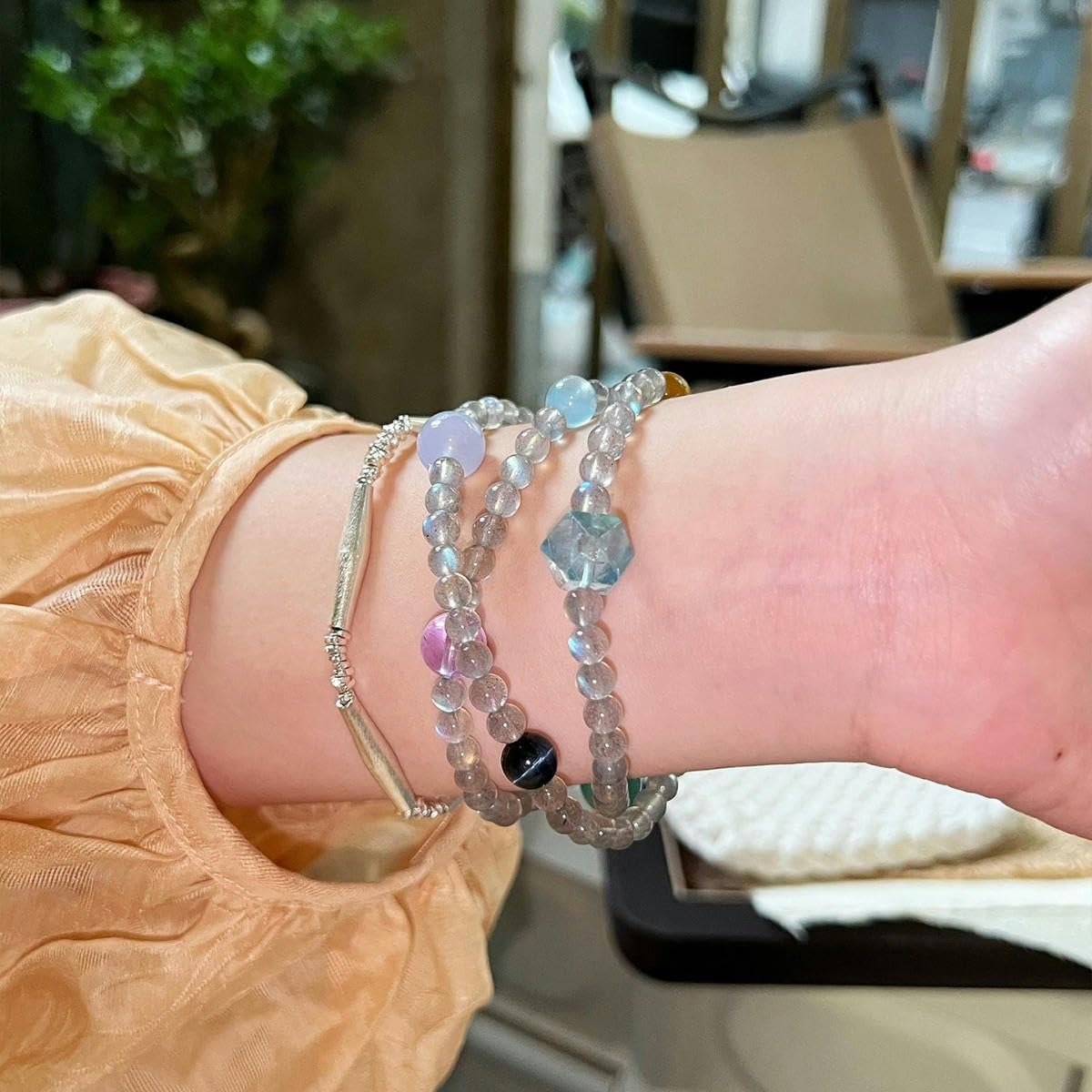 Bracelet Perles Bracelet Triple Rang Multicolore En Pierre De Lune Grise Et Aigue Marine