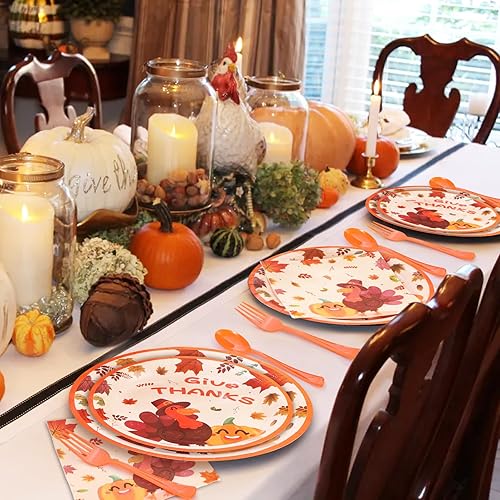 Miniatura 6 de joy akkess Juego de platos de papel de Acción de Gracias, platos y servilletas para 25 invitados, platos de Acción de Gracias desechables con