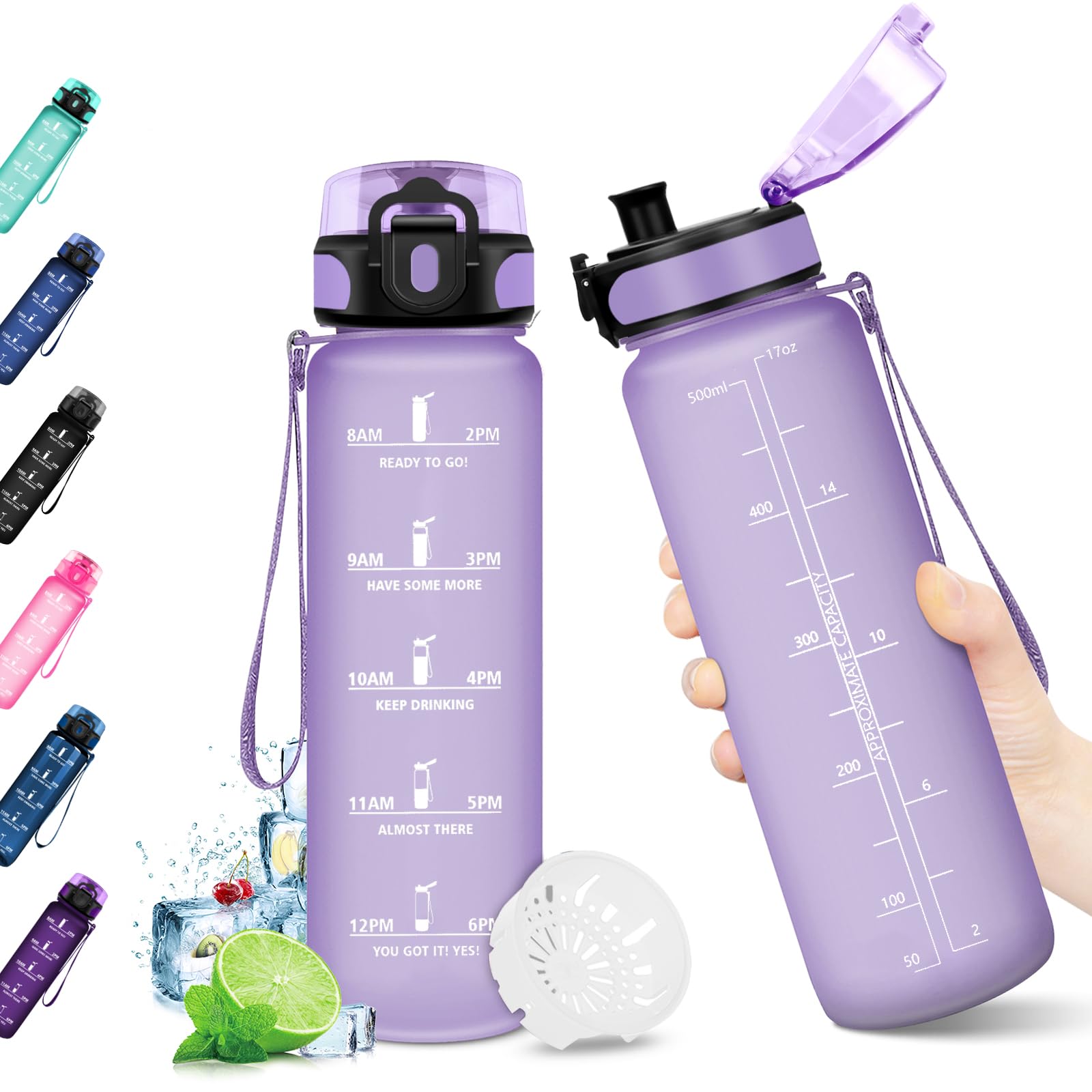 KollyKolla 500ml Motivational Water Bottle, Leak Proof Kids Water Bottle, Gym Water Bottle with Time Marking, BPA Free, Kids Water Bottles for School, Sports, Running, Travel