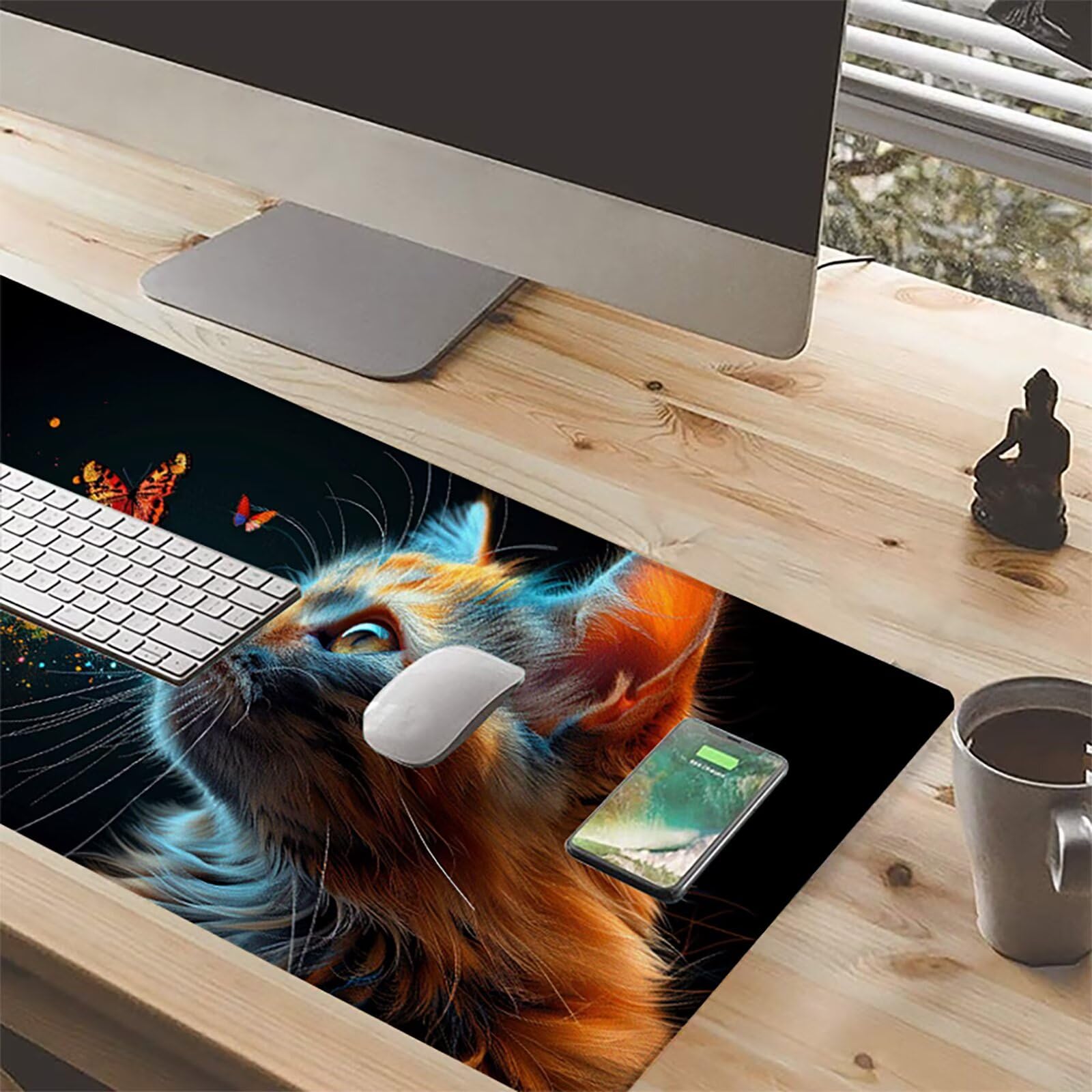 Gato Alfombrilla Ratón Gaming XXL 1500x800 mm, Alfombrilla Gaming Amarillo Mousepad con Base de Goma Antideslizante, Impermeable Desk Mat para Teclado y Raton, Accesorios Gaming Regalos de Hombre B-N
