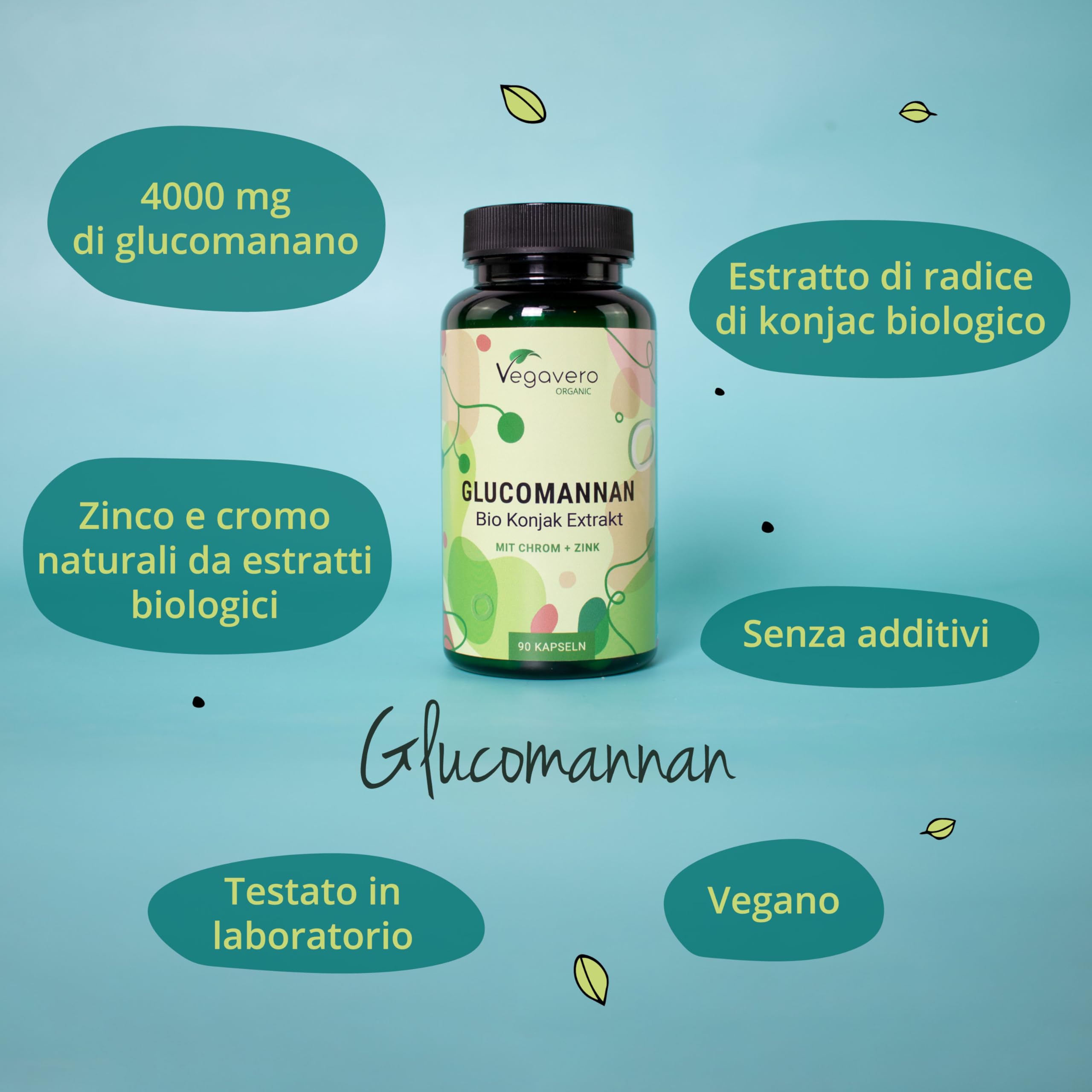 Glucomannano Forte | 4000 mg | con Cromo e Zinco | Alto Dosaggio | Senza Additivi | No OGM | Vegan | Vegavero®