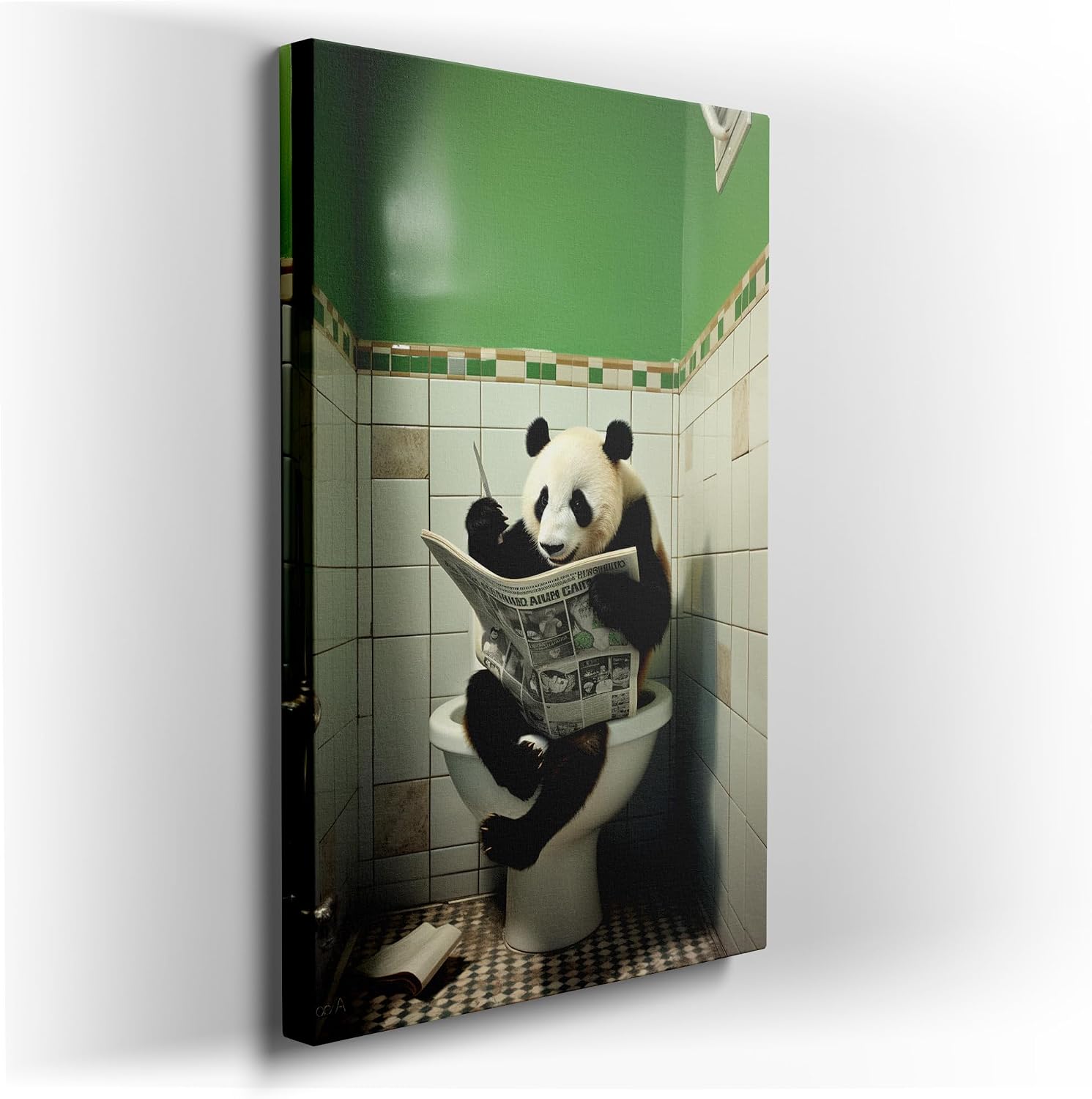 Canvas for Living room. Panda Peruses the News During Bathroom Break in Checkered Green Oasis, 27 x 18 inch Canvas Wall Art - Animal Kingdom - Modern Home Decor - 69x46 cm (27x18 inch)