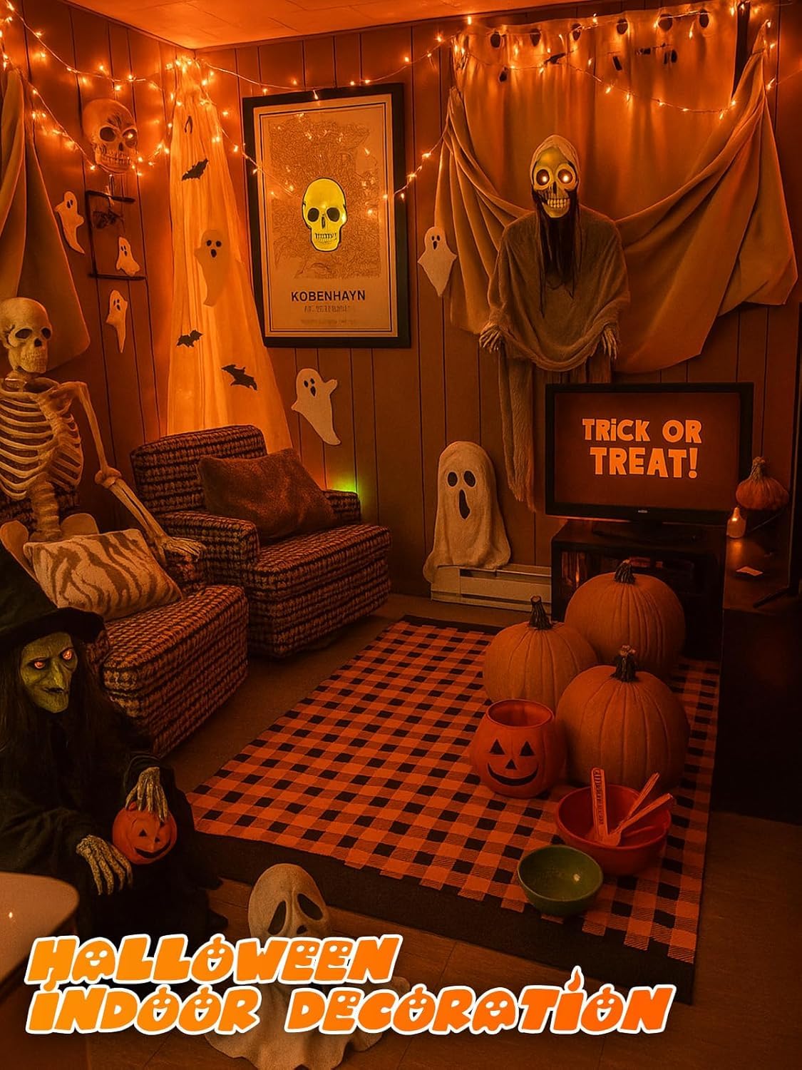 Lot de 2 guirlandes lumineuses d'Halloween à piles avec minuteur, 200 DEL, étanches, avec 8 modes pour intérieur et extérieur, fête, chambre à coucher, décorations d'Halloween