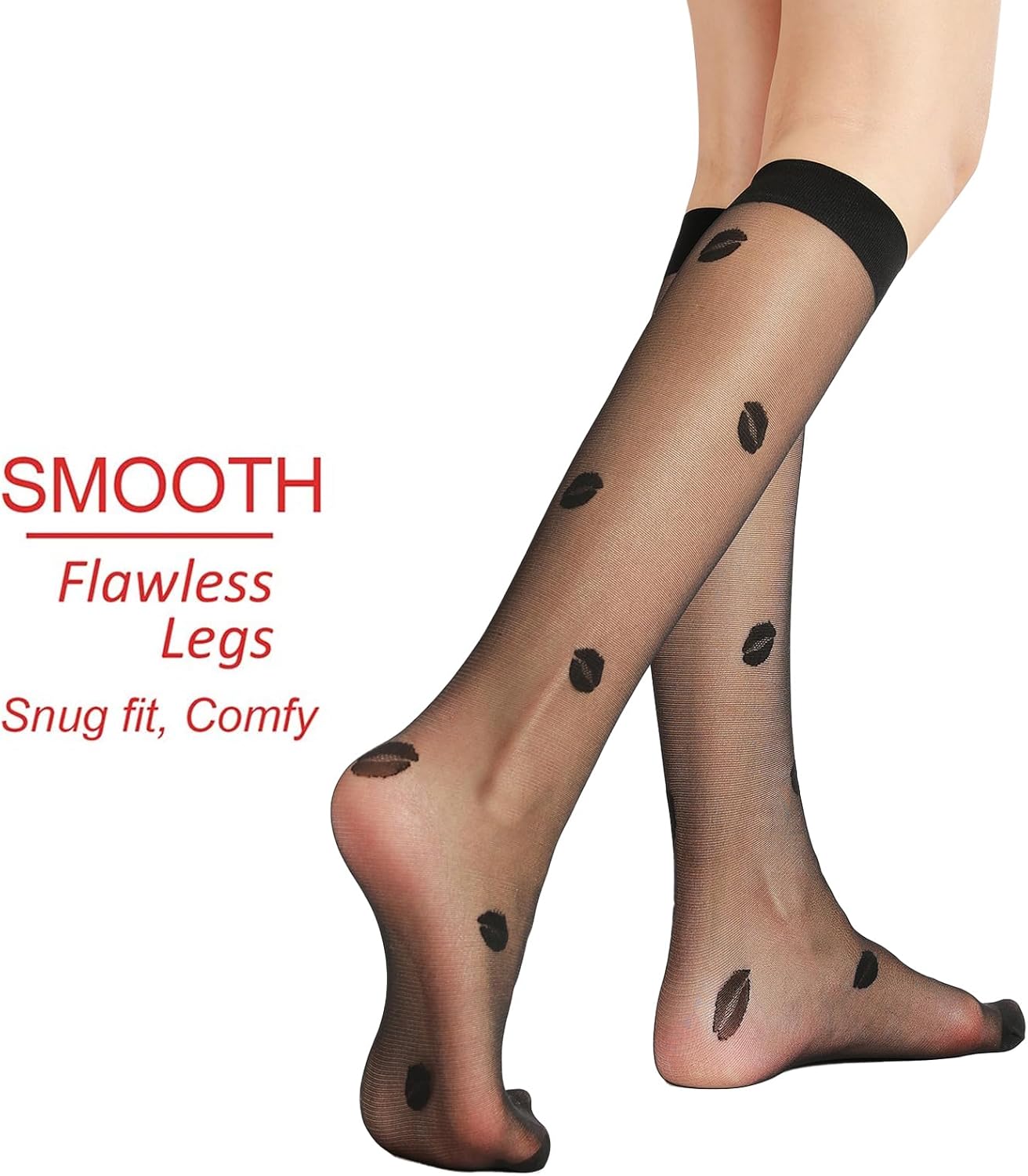 G&Y 4 Pairs Pattern Knee High Pantyhose with Reinforced Toe - 30D Nylon Stockings for Women Dot Heart Lip Patterned - Image 5