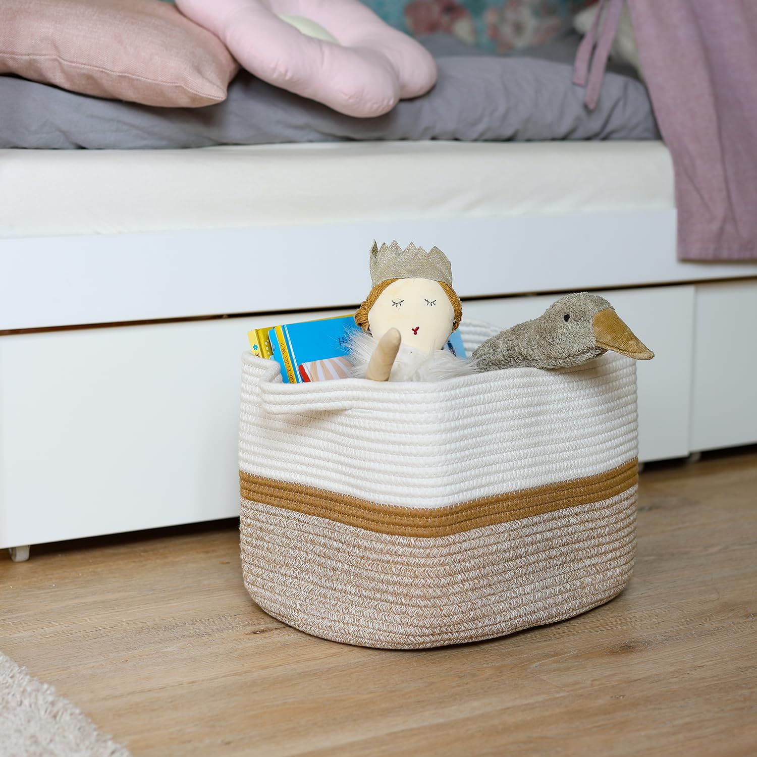 Cestino portaoggetti HMF con manici allungati, cestino in cotone | 36 x 30 x 25 cm | Bianco-Marrone