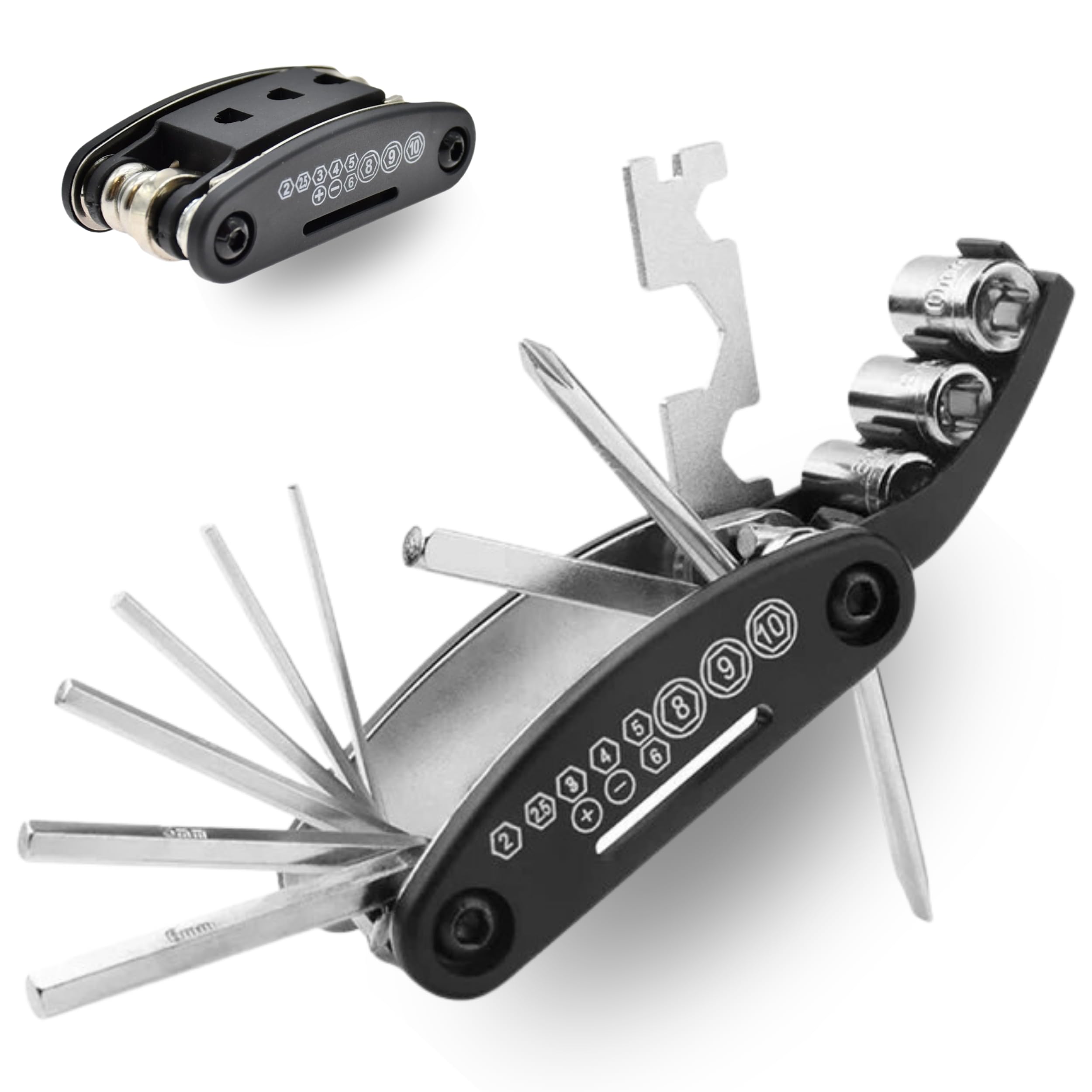 Six Peaks Cycling Multi Repair Tool, Compact, Pocket Size, 16 in 1 Bicycle Maintenance Kit with Spanners, Hex Keys