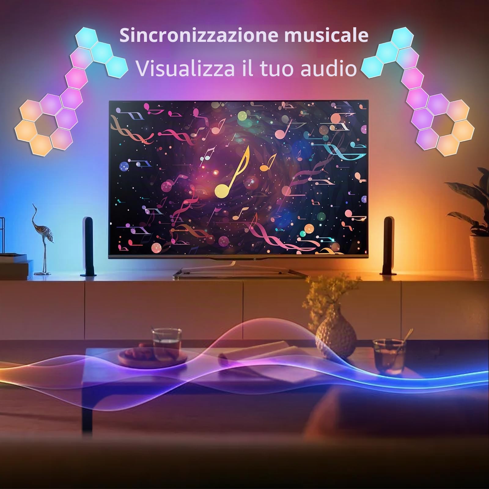 Pannelli da parete a LED esagonali, 10 pezzi, app intelligente, lampade da parete esagonali a LED, sincronizzazione musica, gaming, funziona con Alexa, per soggiorno, sala giochi (10)