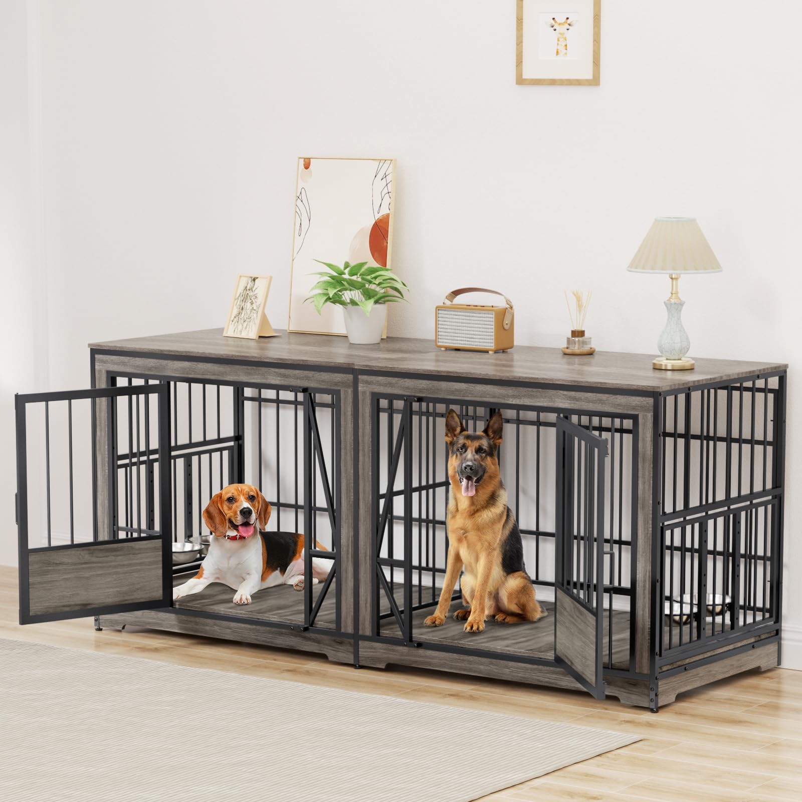 71'' Double Dog Crate Furniture for 2 Dogs, Extra Large Dog Cage with Adjustable Divider, Heavy Duty Dog Kennel Indoor with 4 Bowls, XXL Dog Crate Wooden TV Stand End Table for Large Breed, Grey
