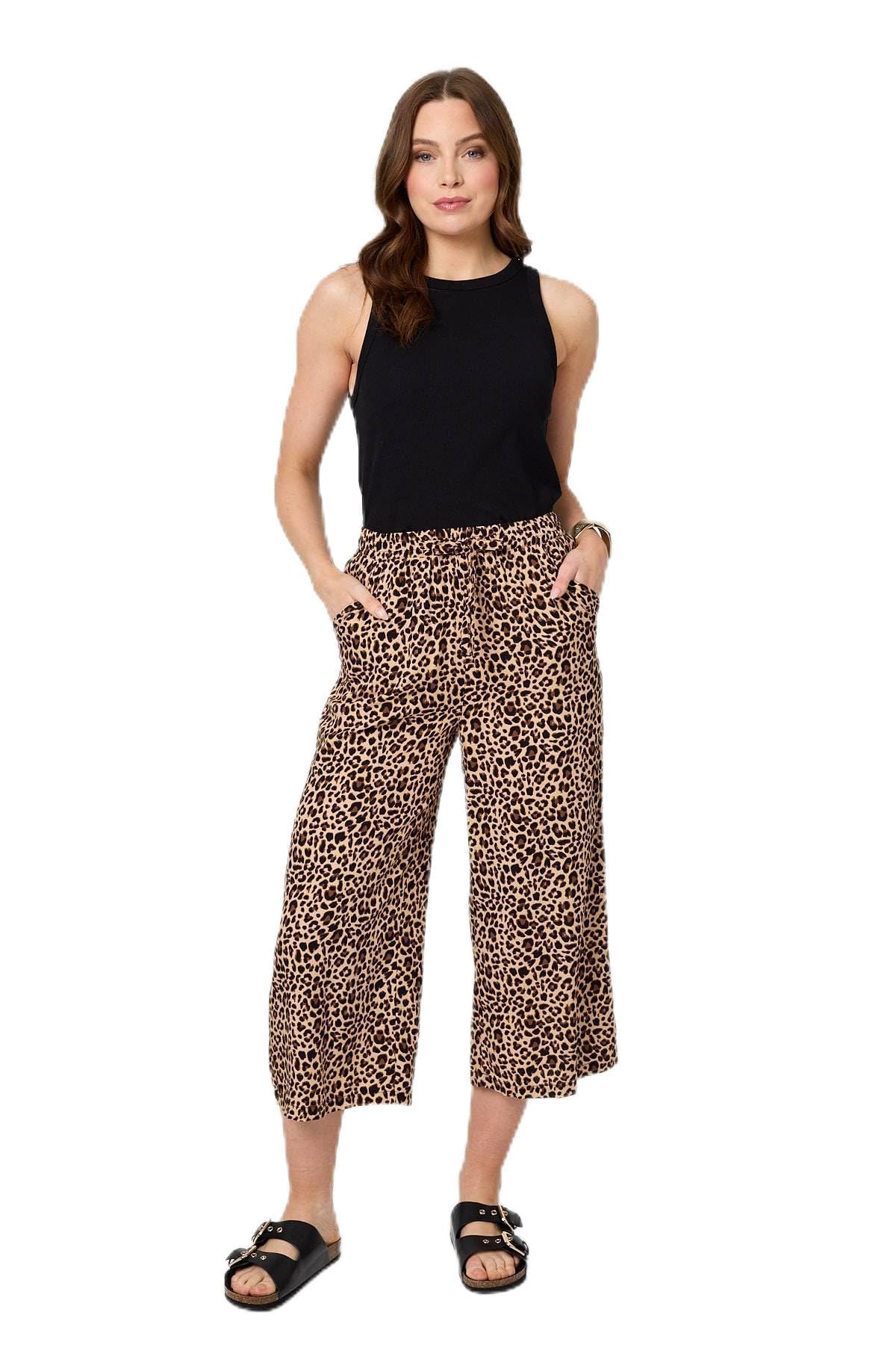 Izabel London Women's Beige Animal Print High Waist Wide Trousers