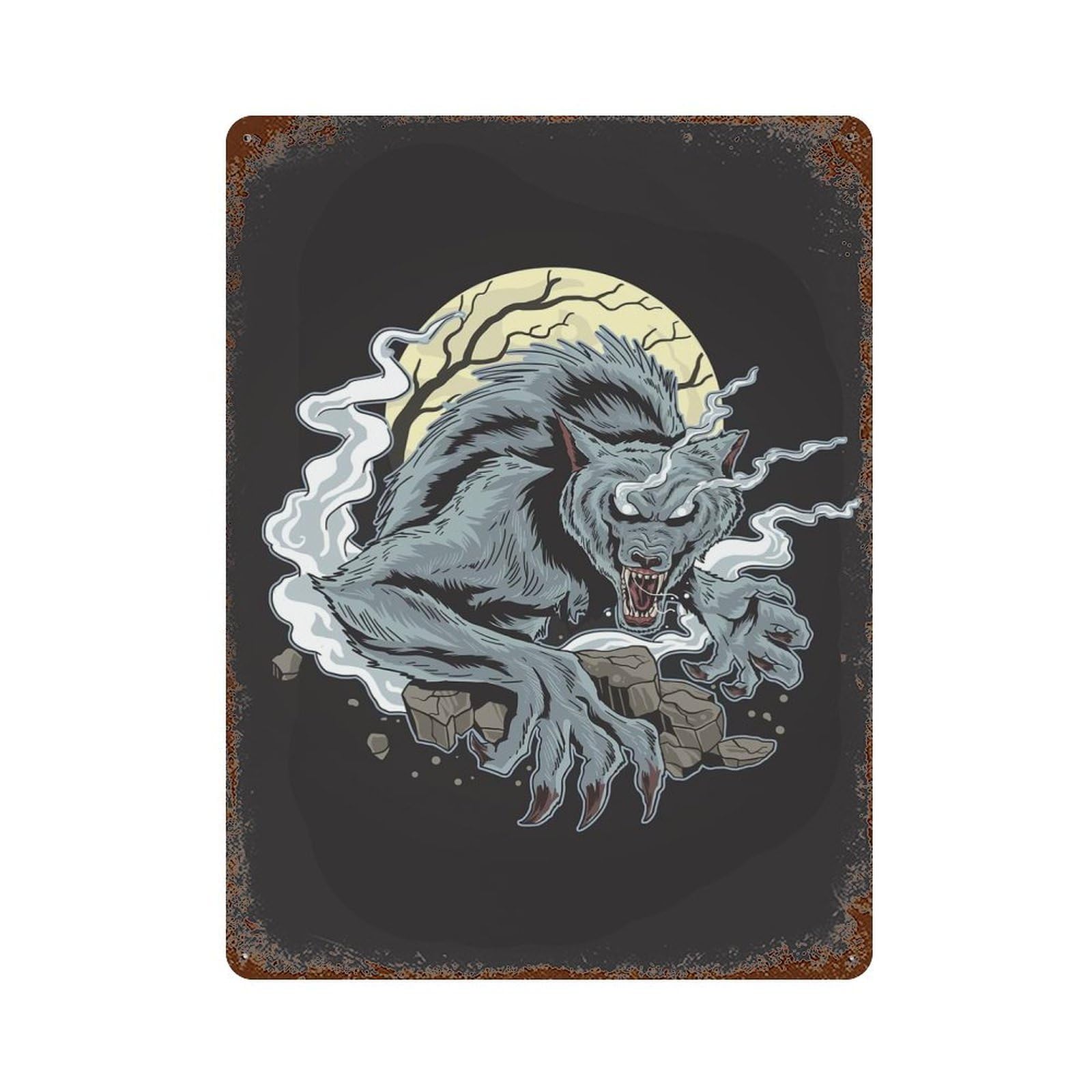 Decorative Tin Sign with Spooky Horor Wolf Design 15.7"x11.8", for Basement, Hobby Room And Garage Decor, Rustic Home Decor