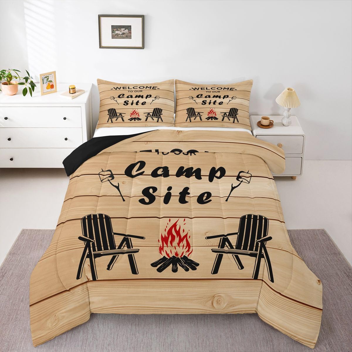 Erosebridal Camper Decor Comforter Set 3 Pieces, Lake House Bedding Set Queen Rustic Camping Farmhouse Duvet Insert for Kids Teens Adult Women Men,