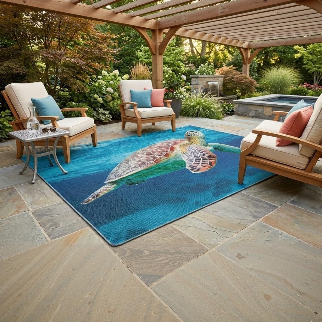 Sea Turtle Outdoor Rug 6x9 Underwater World Ocean Animal Theme Waterproof Durable Thin Non Shedding Natural Outside Rugs for Patios Garden Backyard Deck Poolside Camping Low Pile Floor Mats