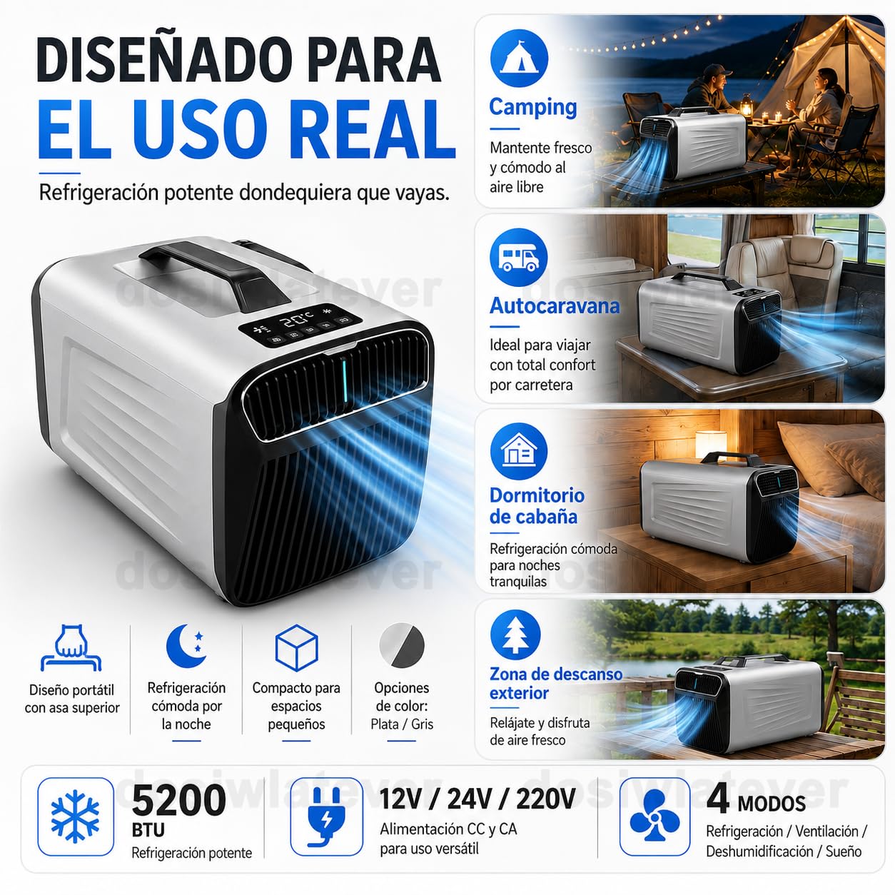 Aire Acondicionado Portatil 12V 24V para Caravana y Camping, 5200 BTU, 4 Modos Frío/Ventilador/Deshumidificación/Sueño, Temporizador 24h, Mando, para Casa, Coche, Camper y Viajes Cortos Silver-220V