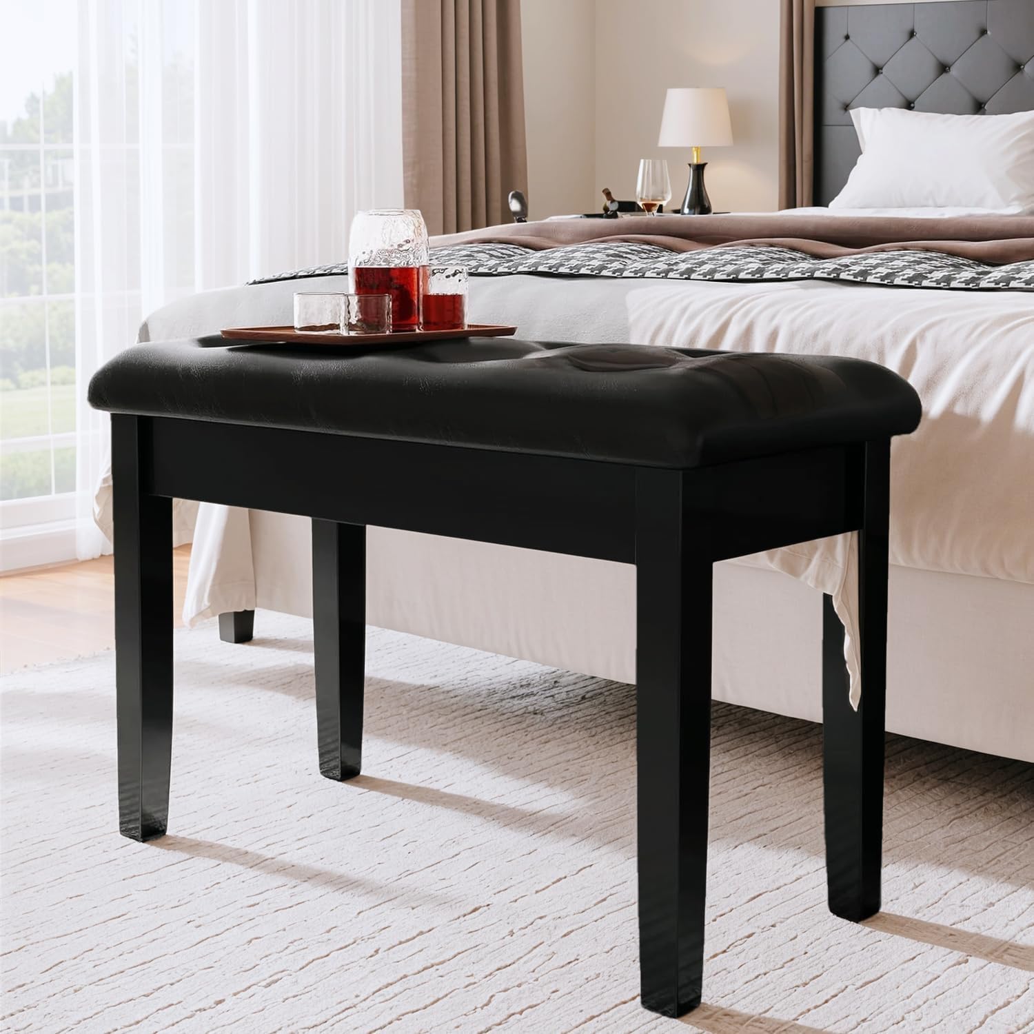 Clevich Klavierbank 200kg Tragkraft mit PU-Lederkissen & Stauraum - Massivholz-Pianohocker 75x35x49cm, Zweisitzer mit rutschfesten Füßen, Schwarz (75 * 35 * 49cm)