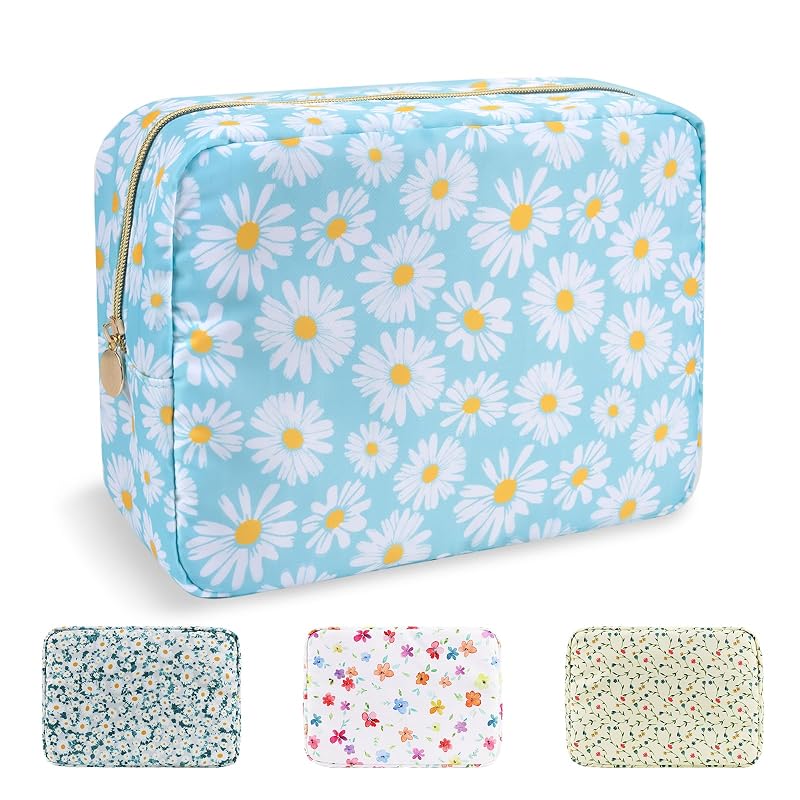 Necessaire UIXIZQ grande floral em nylon com zíper, L Blue-Daisy