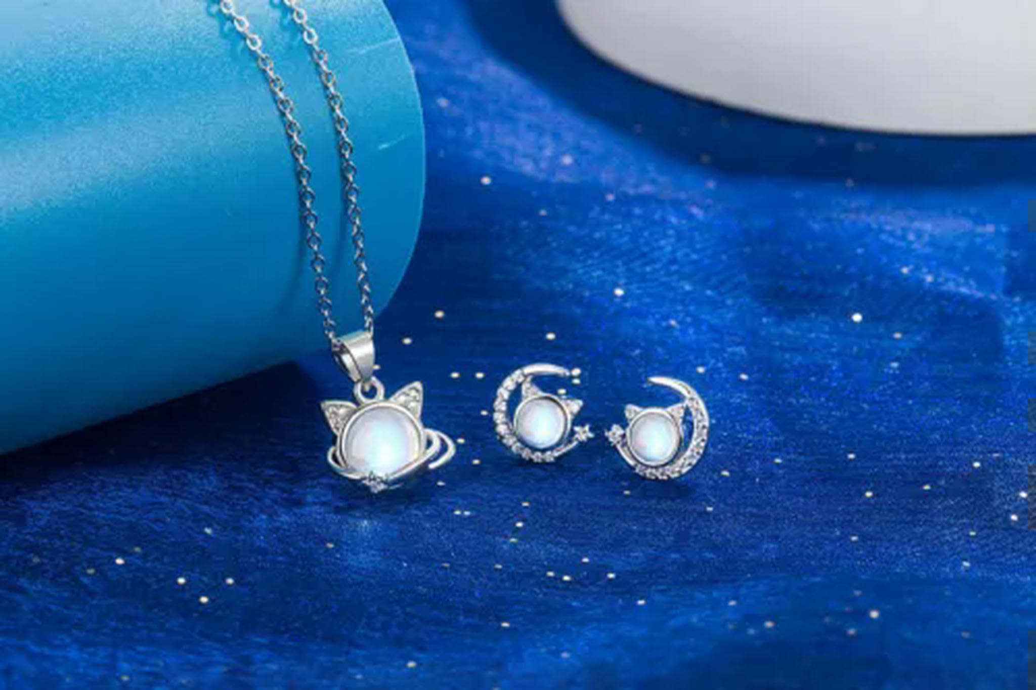 ISCBAFYX Damen 925 Silber Mondstein Katze Mond Halskette Ohrringe Sets Schmuck-Roségold