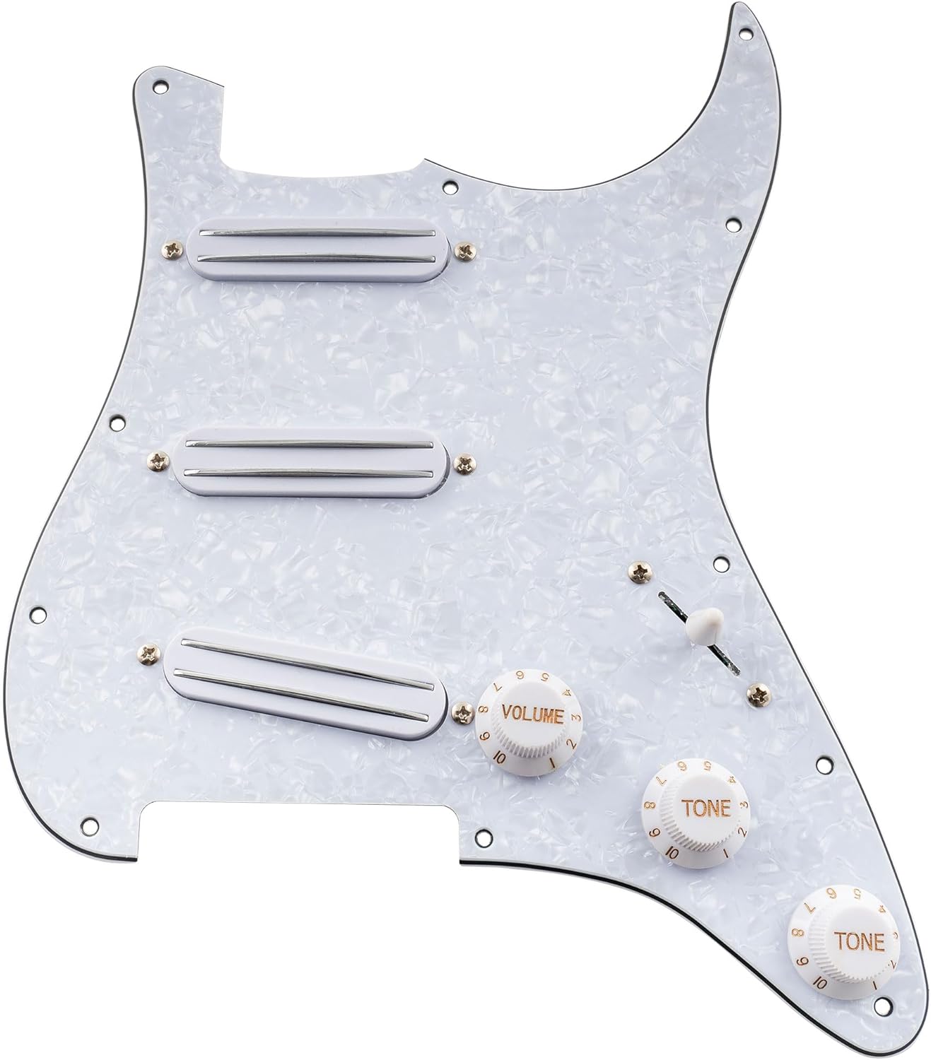 Musiclily 11-Hole SSS Prewired Loaded Pickguard with Dual Hot Rail High Output Pickups Set for Fender Squier Strat Electric Guitar, 4Ply White Pearl