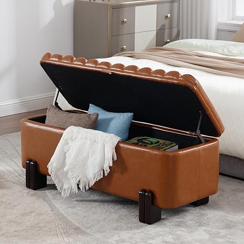 Miniatura 31 de Kmax Banco de almacenamiento de 45 pulgadas, banco otomano tapizado de piel sintética para dormitorio, sala de estar, pasillo, color blanco Oval-