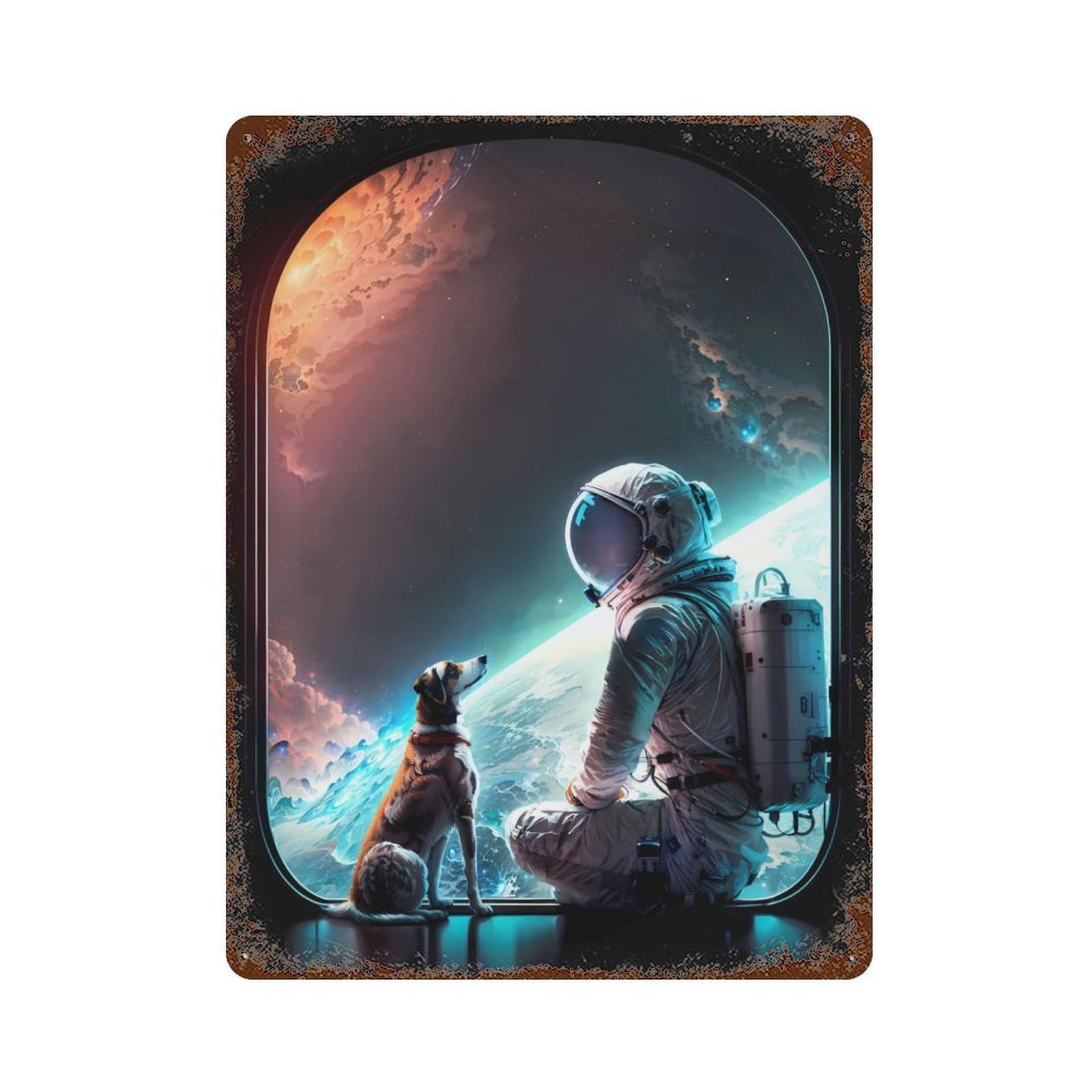 Aged Metal Wall Plaque with Space Station Friendship Design 15.7"x11.8", for Basement, Hobby Room And Garage Decor, Farmhouse Wall Decor