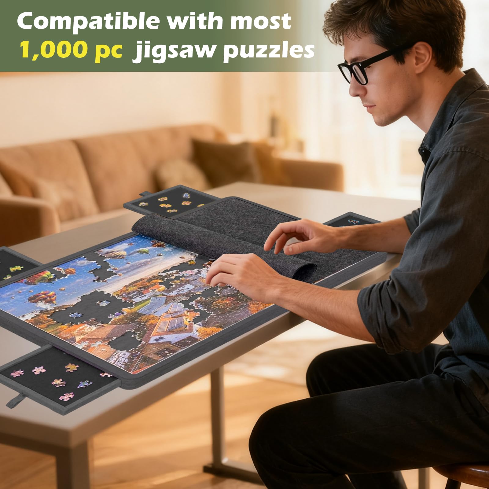 Jigsaw Puzzle pieghevole con 4 cassetti, tavolo puzzle portatile con supporto 2 in 1 e copertura, super leggero in feltro con 6 scomparti, accessorio puzzle per fino a 1000 pezzi (nero)