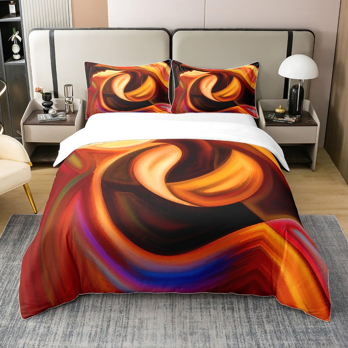 Orange Abstract Cotton Duvet Cover Set King Size Kids Vintage Abstract Swirl Painting Bedding Set for Women Men Grunge Art Geometric Comforter Cover Set Breathable Bedspread Cover Bedroom Bedcothes