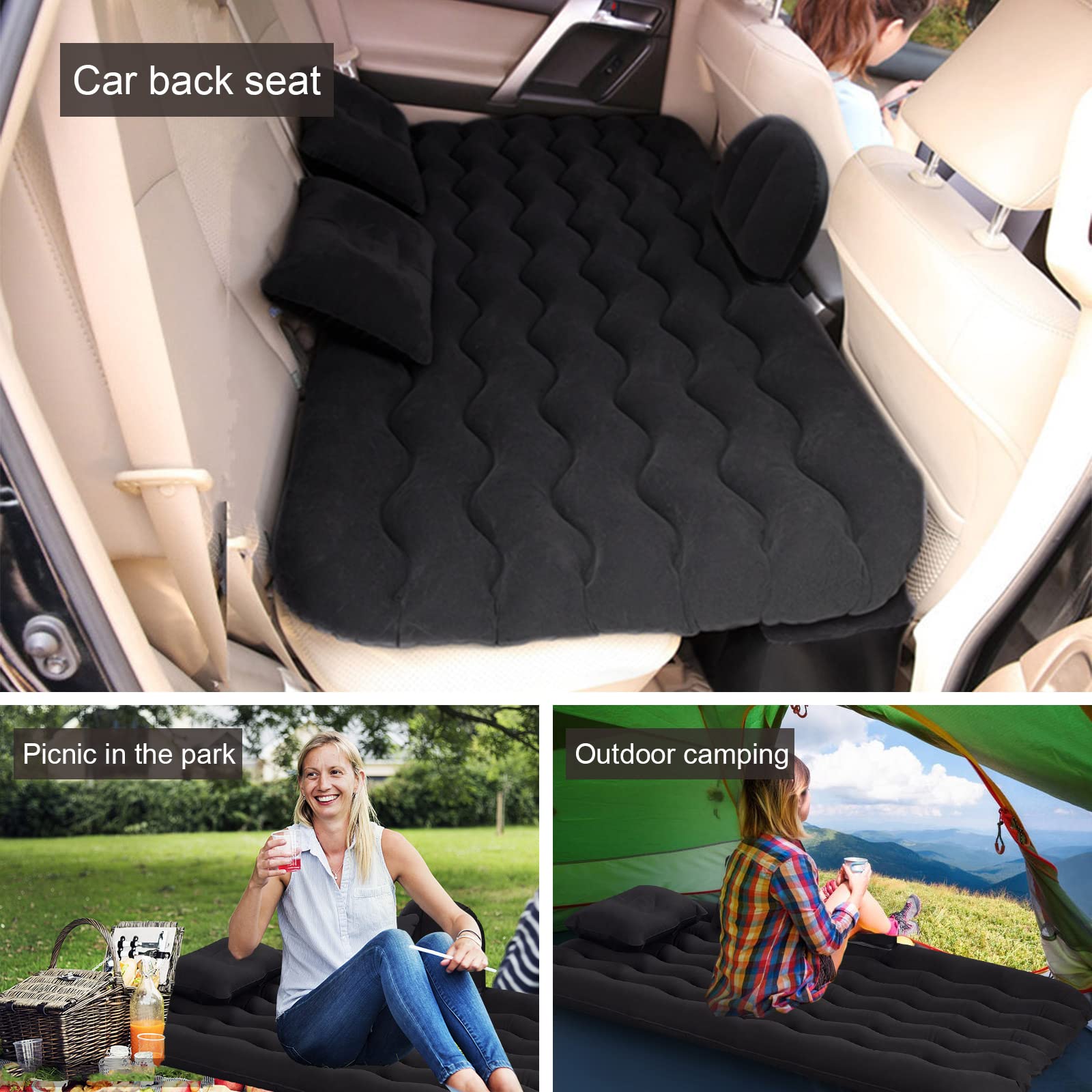 Matelas Gonflable avec Oreiller Surélevé, Pompe Électrique Intégrée, Lit Gonflable de Camping, Matelas Pneumatique Comfortable pour l’Extérieur et Le Camping, avec Design Ajustable (Noir)