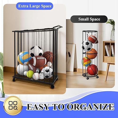 Miniatura 4 de Estante grande de almacenamiento de pelotas de garaje con ruedas, organizador de equipos deportivos rodantes, soporte independiente para pelotas de