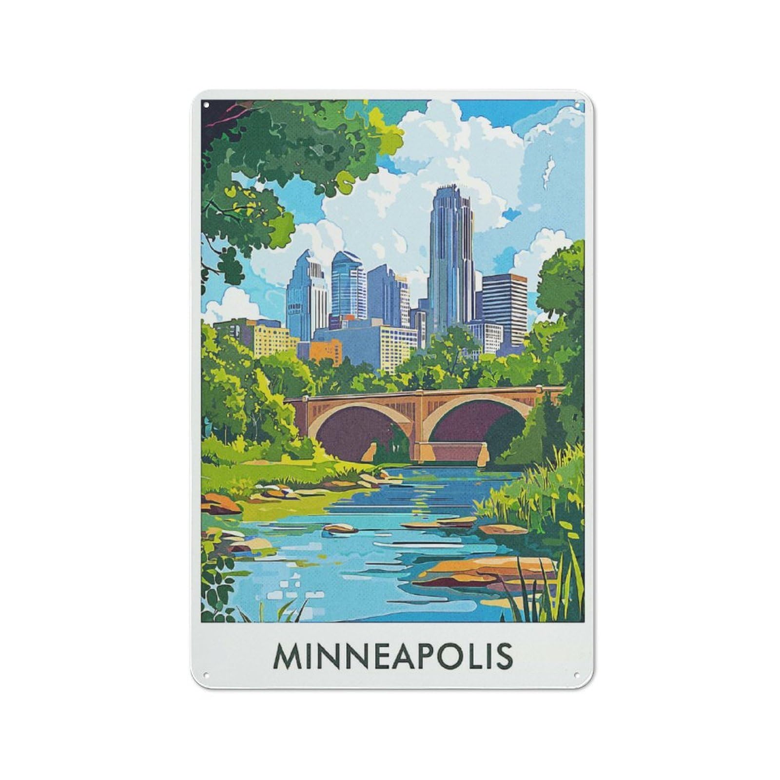 Junmoney Style-23 Minneapolis Cityscape Retro Metal Wall Decor 30X20cm, Vintage Metal Sign For Cafe, Pub, Workshop Or Home Bar