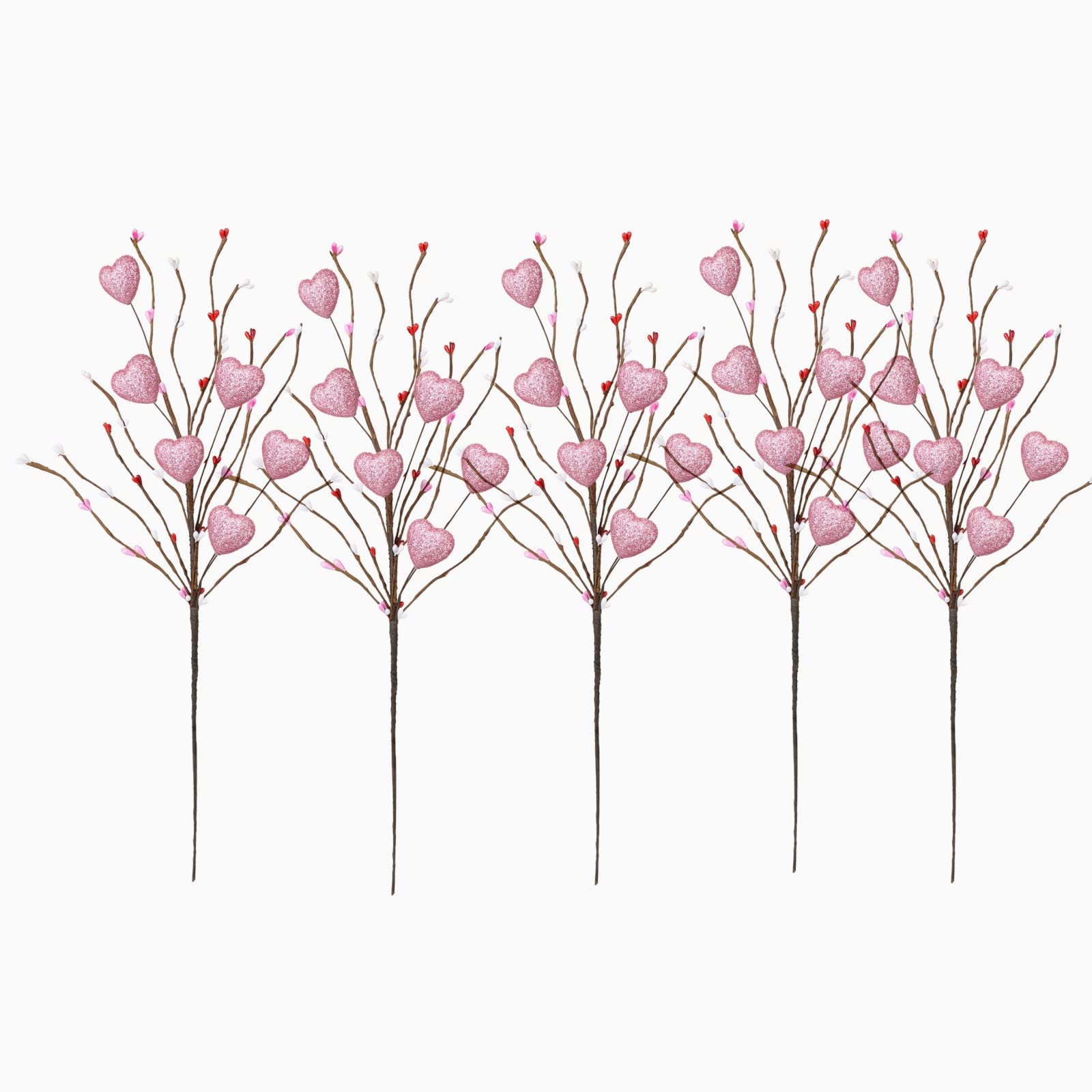 BFYDOAA 5Pcs Valentines Day Heart Floral Picks 19in Sping Berry Stems Glitter Berry Sprays for Wedding Banquet Vase DIY Flower Arrangement