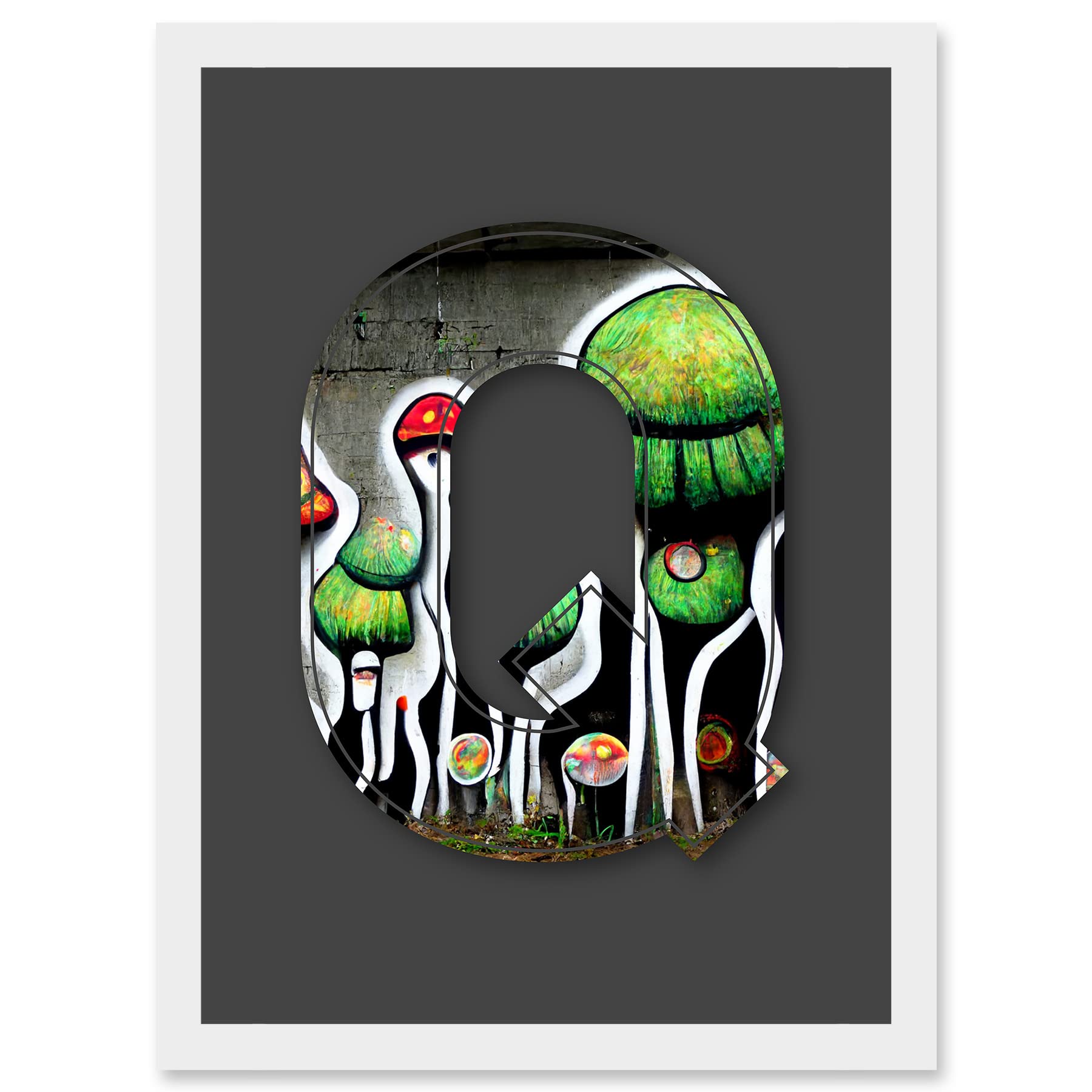 Letter Q Abstract Trippy Grey Green Graffiti Alphabet Initial Framed A4 Wall Art