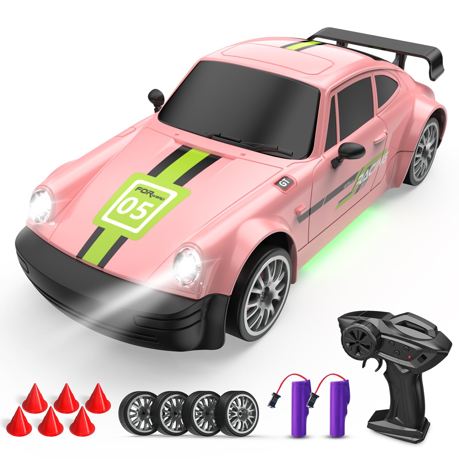 Remote Control Car Drift Car 2.4GHz 1:20 Scale 4WD 20KM/H High Speed Remote Control Cars Vehicle with LED Lights Drifting Tire 2Pcs Rechargeable Batteries Toy Cars for Adults Boys Girls (Pink)