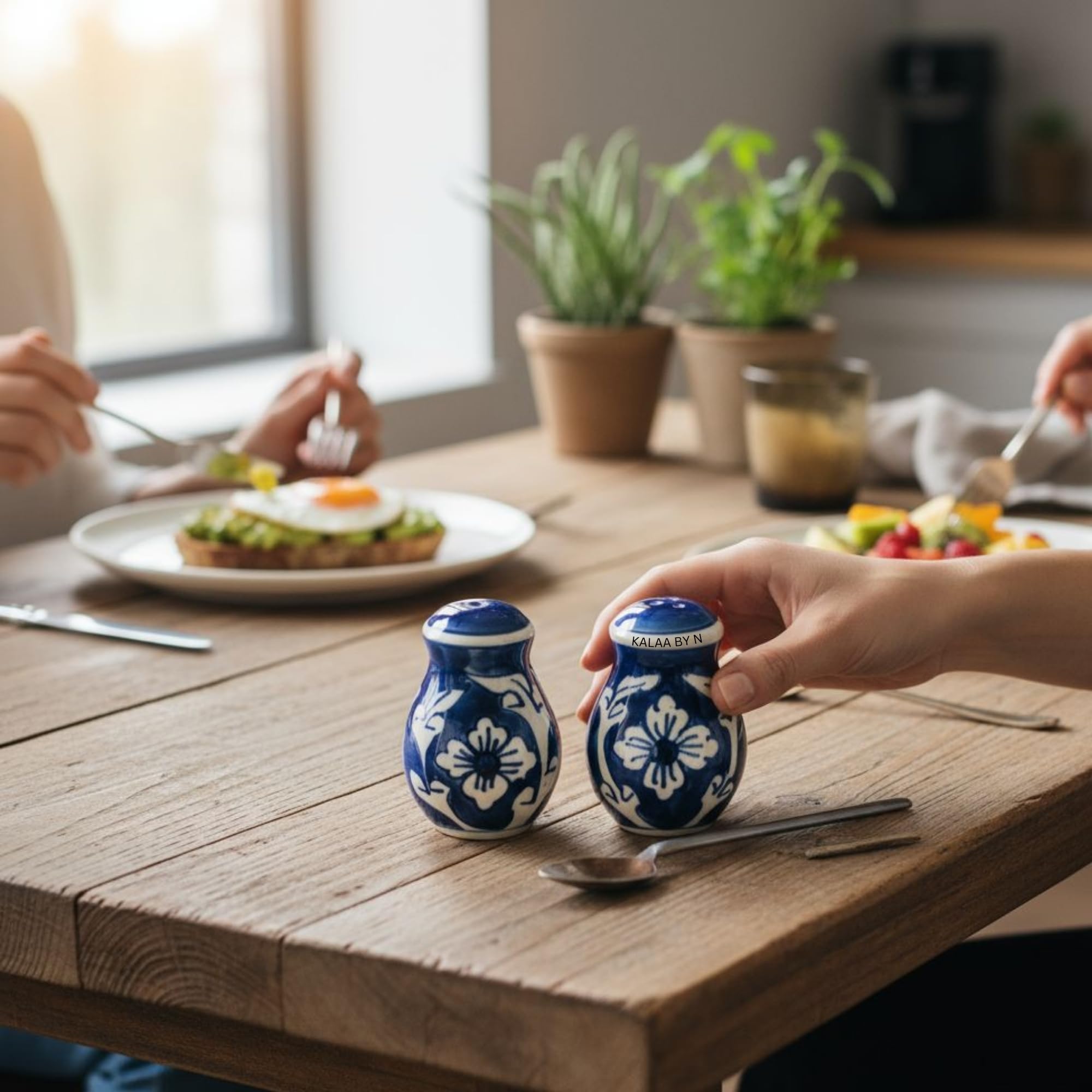 Kalaa By N Salt Pepper Set for Dining Table Kitchen - Ceramic Salt and Pepper Shakers Dispenser Container Sprinkler 60ML - Home Cafe Office Restaurant - Dishwasher Safe (Blue and White) - Image 7 thumbnail